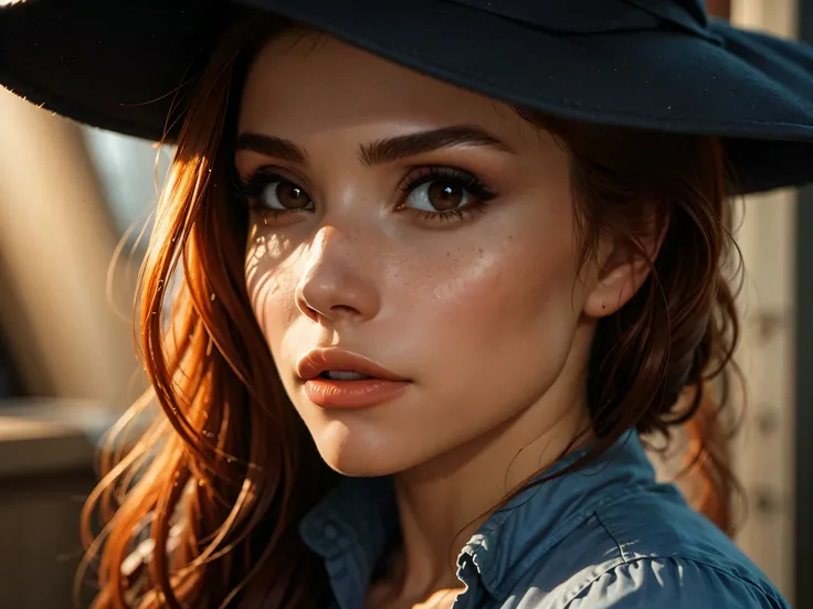 high resolution, ultradetailed, sunny day, ray of lights, 16k, UHD, photorealistic, (skin texture:1.2), (detailed face features:1.3), correct proportions, 1 girl, beautiful brown eyes, cowboy pose, dynamic pose, pretty eyes, plump lips, (thin and sharp pal...