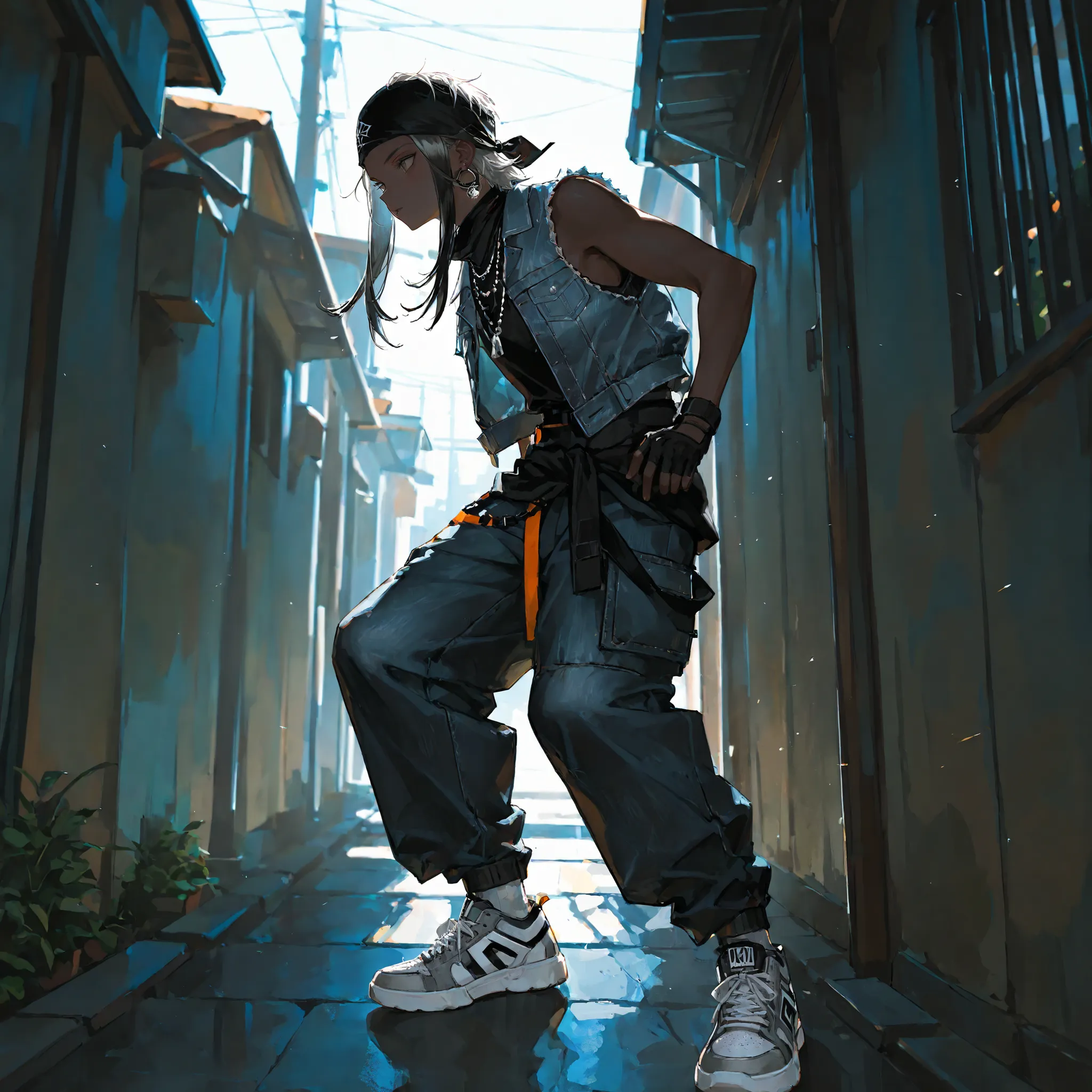 stylish Black teenage boy, long silver-tipped dreads locks pulled back with a loose black bandana, hazel eyes, wearing avant-garde streetwear, sleeveless oversized denim jacket, layered necklaces, fingerless gloves, baggy cargo pants, rare clean sneakers, ...