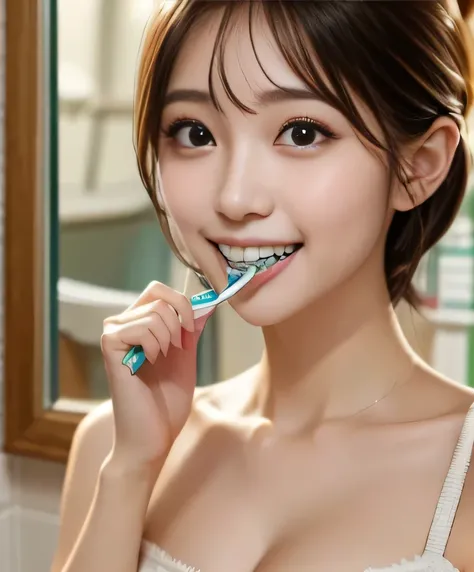 best quality、、   ultra fine 、Clear Photo、 professional brushstrokes、(  Brush your teethかわいい女の子 、idol class )  、  small face 、  Very Short Hair、  thin waist、  (I can see cleavage:1.4、big erect nipples )、(  白いboat neckのTシャツを着ている:1.4  、 boat neck、 wearing whi...