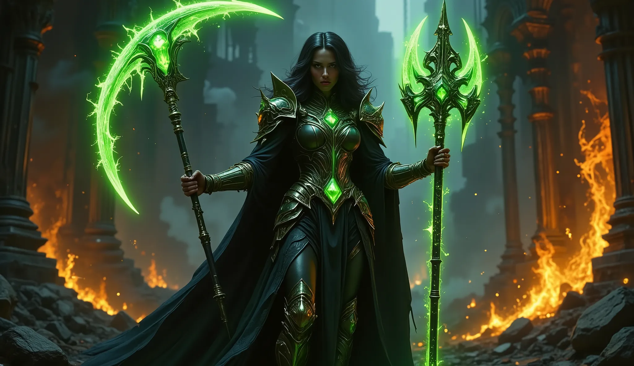 pinkdarkfantasy,
woman with long black hair, in intricate black armor with emerald gems, holds a large, a glowing green scythe, , standing among the burning ruins.