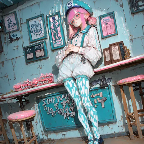 full body, ((atmospheric)) fixed perspective, eye focus, face focus, Dutch angle, straight-on, standing against wall, hands clasped over stomach, (head tilt,) lips parted, pout, curious expression, bored stiff posture, 1 woman, blue sailor hat, aqua eyes, ...