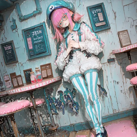 full body, ((atmospheric)) fixed perspective, eye focus, face focus, Dutch angle, straight-on, standing against wall, hands clasped over stomach, (head tilt,) lips parted, pout, curious expression, bored stiff posture, 1 woman, blue sailor hat, aqua eyes, ...