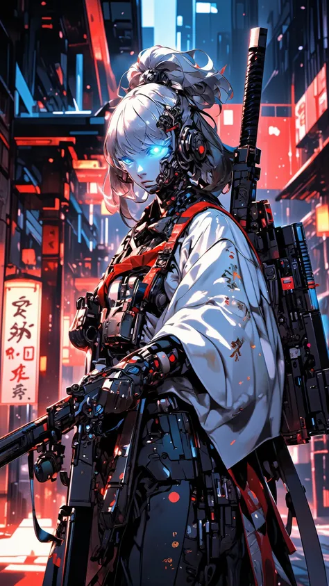 highdefinition images,In cyberspace、Human-type robot、image of a shrine maiden holding a machine gun in white and red clothes protecting torii gates Other than torii gates are cyber cities