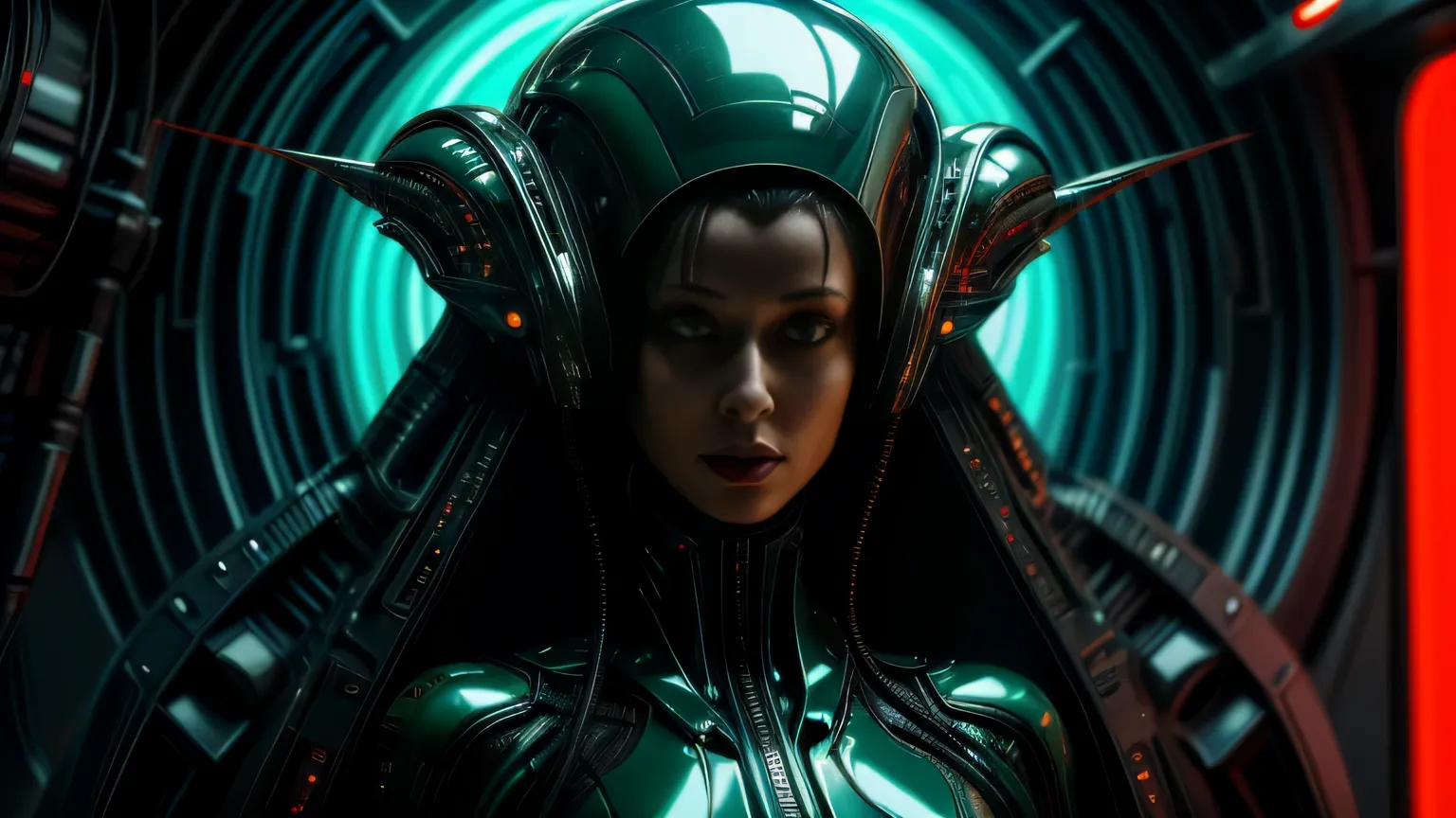 Cyberpunk art of one,Abonnieren,Cyberpunk-Stil,A female astronaut in a sleek futuristic space suit fires a high-tech energy weapon at an alien creature that has infiltrated the spaceship. The monstrous being is hit — bright green alien blood splashes from ...