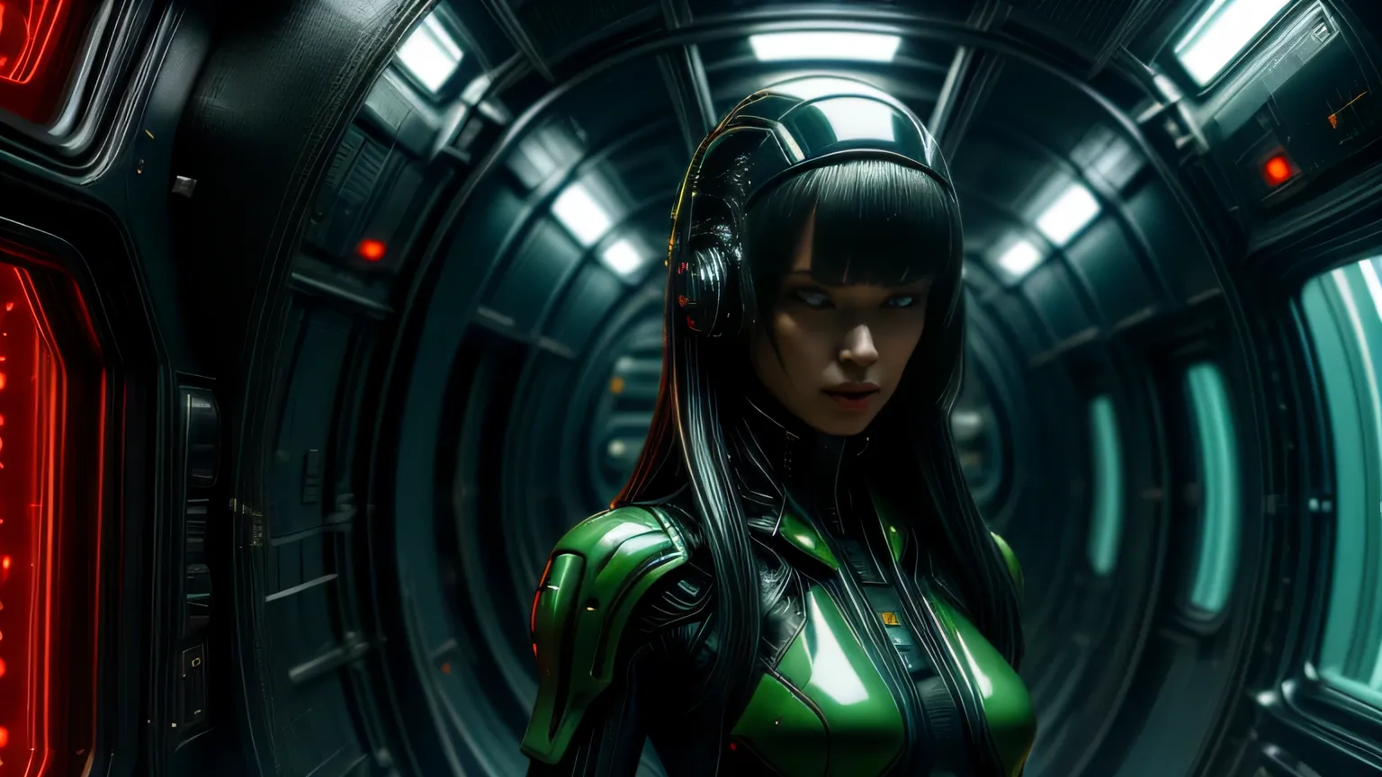 Cyberpunk art of one,Abonnieren,Cyberpunk-Stil,A female astronaut in a sleek futuristic space suit fires a high-tech energy weapon at an alien creature that has infiltrated the spaceship. The monstrous being is hit — bright green alien blood splashes from ...