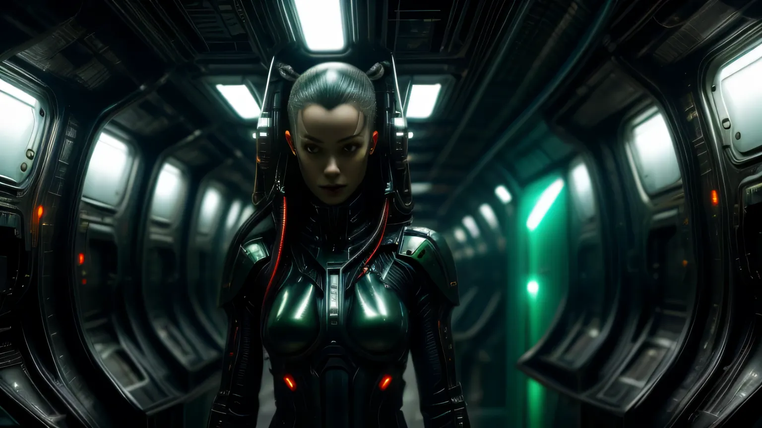 Cyberpunk art of one,Abonnieren,Cyberpunk-Stil,A female astronaut in a sleek futuristic space suit fires a high-tech energy weapon at an alien creature that has infiltrated the spaceship. The monstrous being is hit — bright green alien blood splashes from ...
