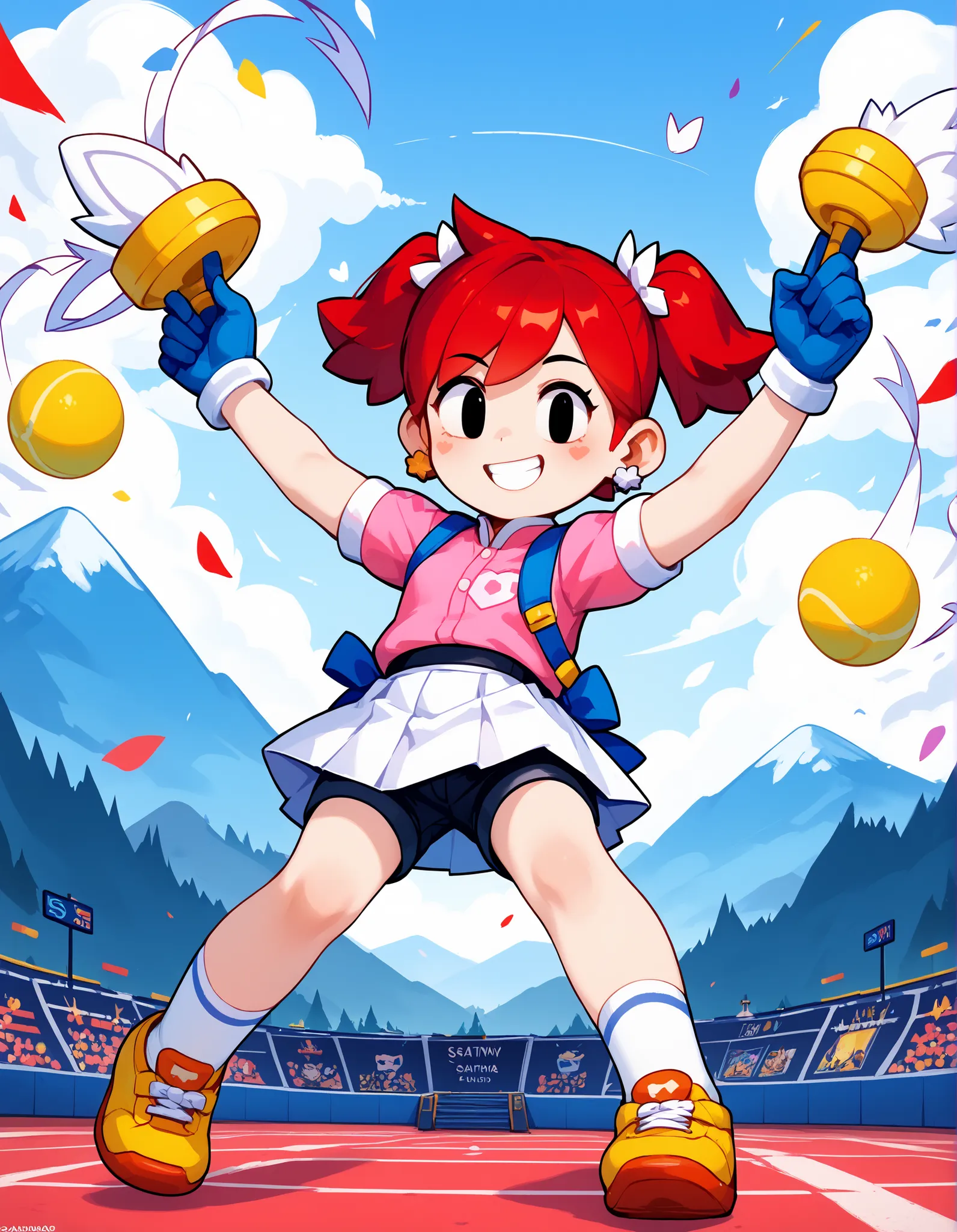best quality, masterpiece, highres, detailed, digital artwork, Sayaka, short twintails, red hair, black eyes, big head, blue gloves, pink shirt, white skirt, black shorts under skirt, white socks with a pink stripe, orange tennis shoes with white laces, sm...
