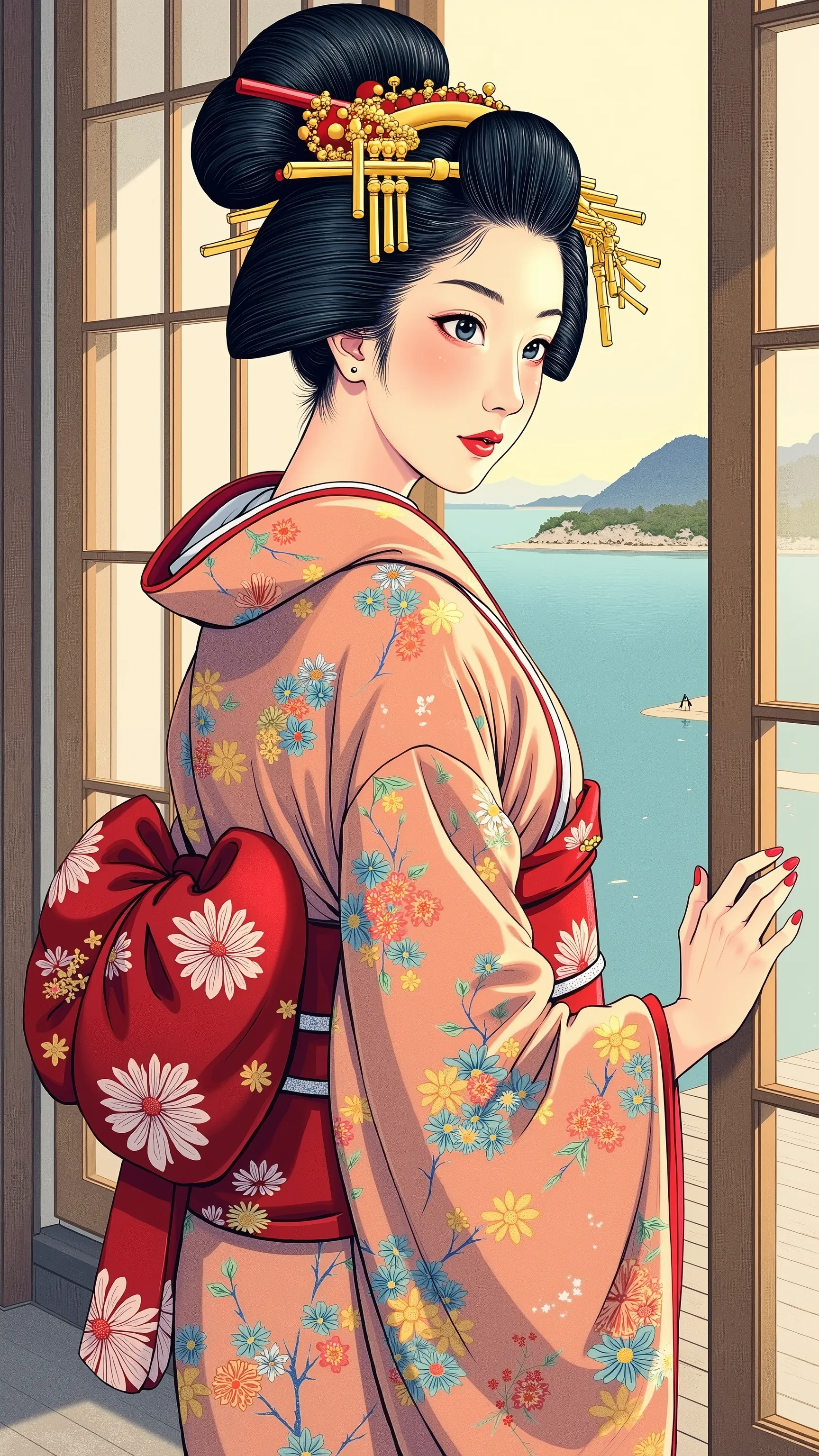 high resolution images in front of the teacher、Katsushika Hokusai manga(Beautiful Eyes、 look at the beautiful photos in detail 、multicolored hair under arms)、Kimono that looks like a yukata、A woman looking out of a window 、葛飾北斎スタイルで海辺の宿見える先生の目の前でのhigh reso...