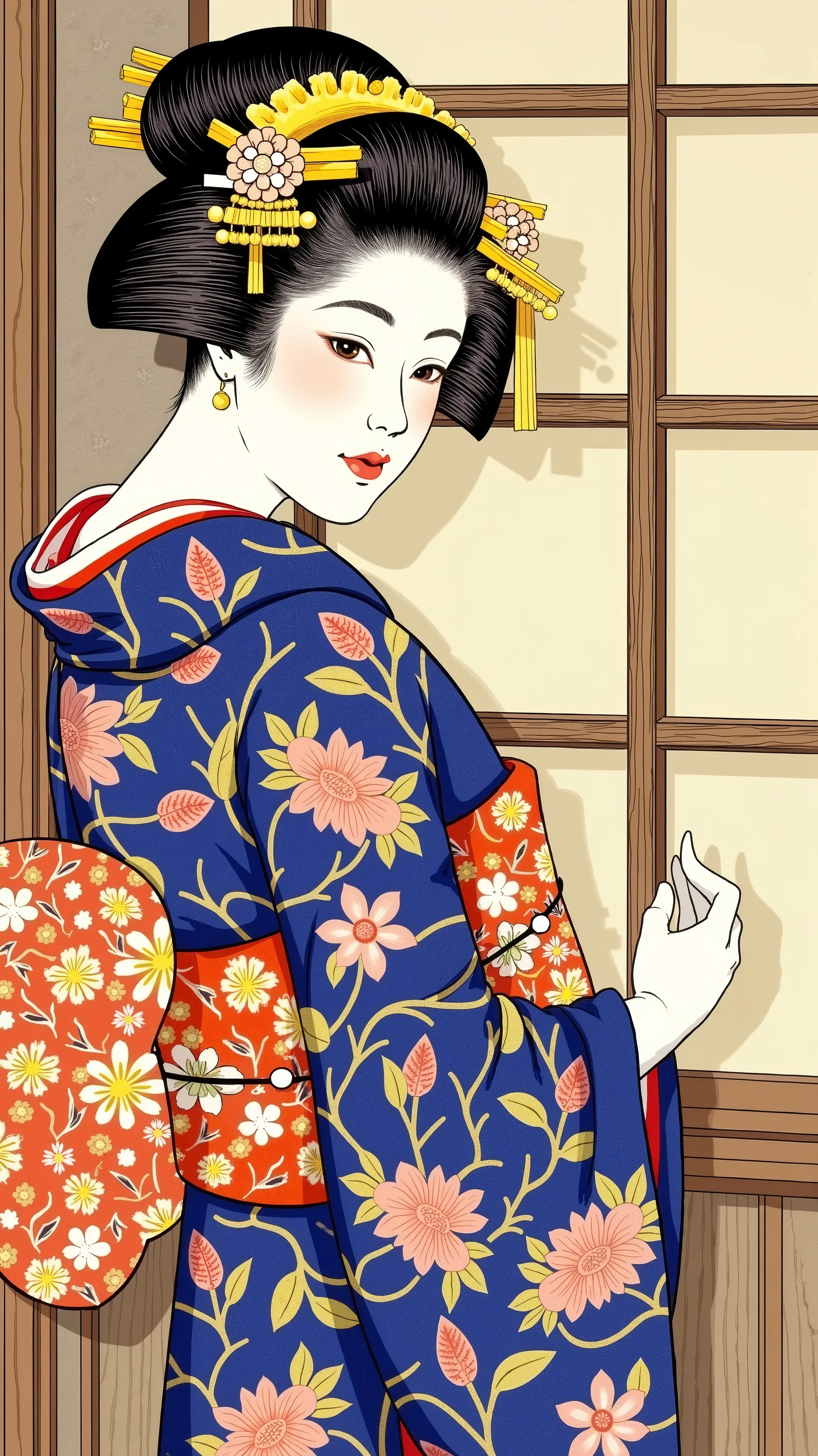 high resolution images in front of the teacher、Katsushika Hokusai manga(Beautiful Eyes、 look at the beautiful photos in detail 、multicolored hair under arms)、Kimono that looks like a yukata、A woman looking out of a window 、葛飾北斎スタイルで海辺の宿見える先生の目の前でのhigh reso...
