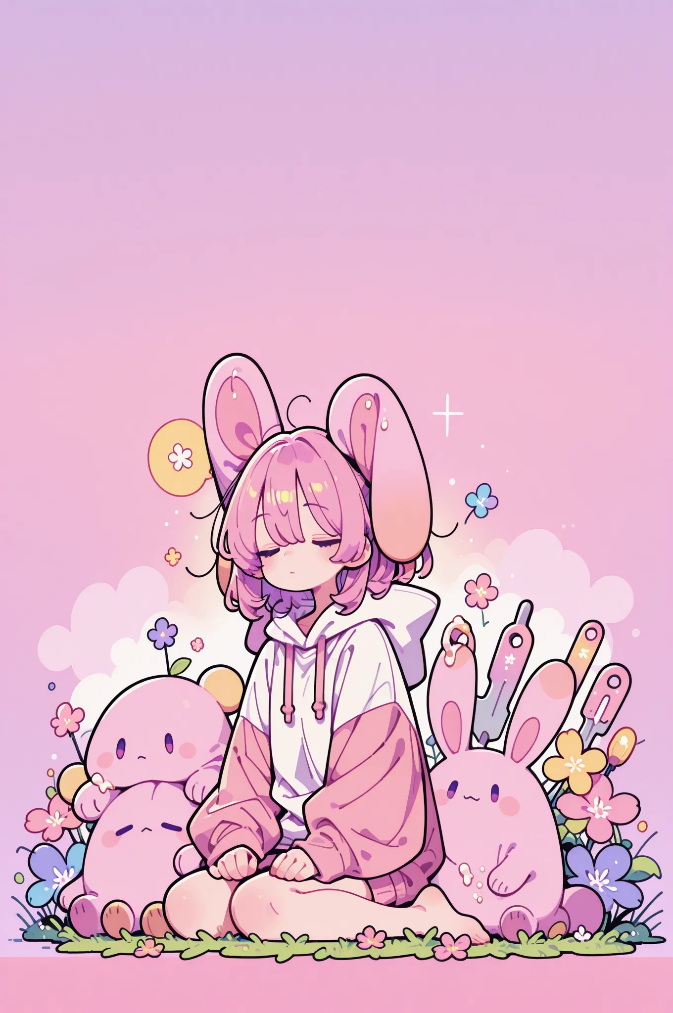 Cozy scene, Woman wearing a hoodie with big droopy ears, パーカーはcream色で、ほのかなピンクのアクセントbut付いています, マッチする心地よい繊細な花と草の葉but寄り添うウサギたち.   evokes a sense of serenity and gentle satisfaction, 白色but支配的な世界で, cream, And pink, but、 sleepy, dreamy atmosphere. small, delicate flowers and blades of grass, full of warmth and softness. This image、with subtle pink accents, enhances a unique and gentle setting, cuddly quality.