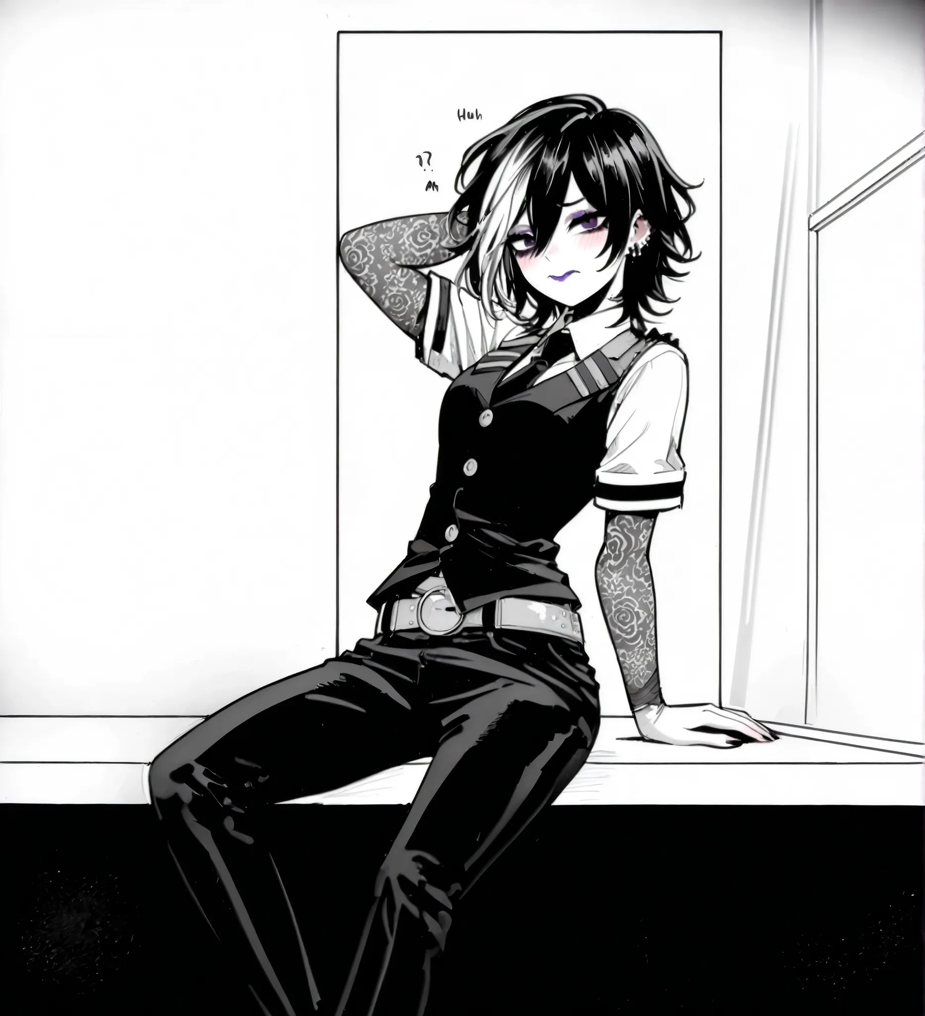 Three girls, an emo girl, a nerd girl, a gyaru girl,, with gothic clothes, black hair with highlights and red bangs, Tied and wrapped bondager Bdsm  , In the pool ... And white hair with black highlights, Long hair Long hair, Dressed in a scientist outfit ...