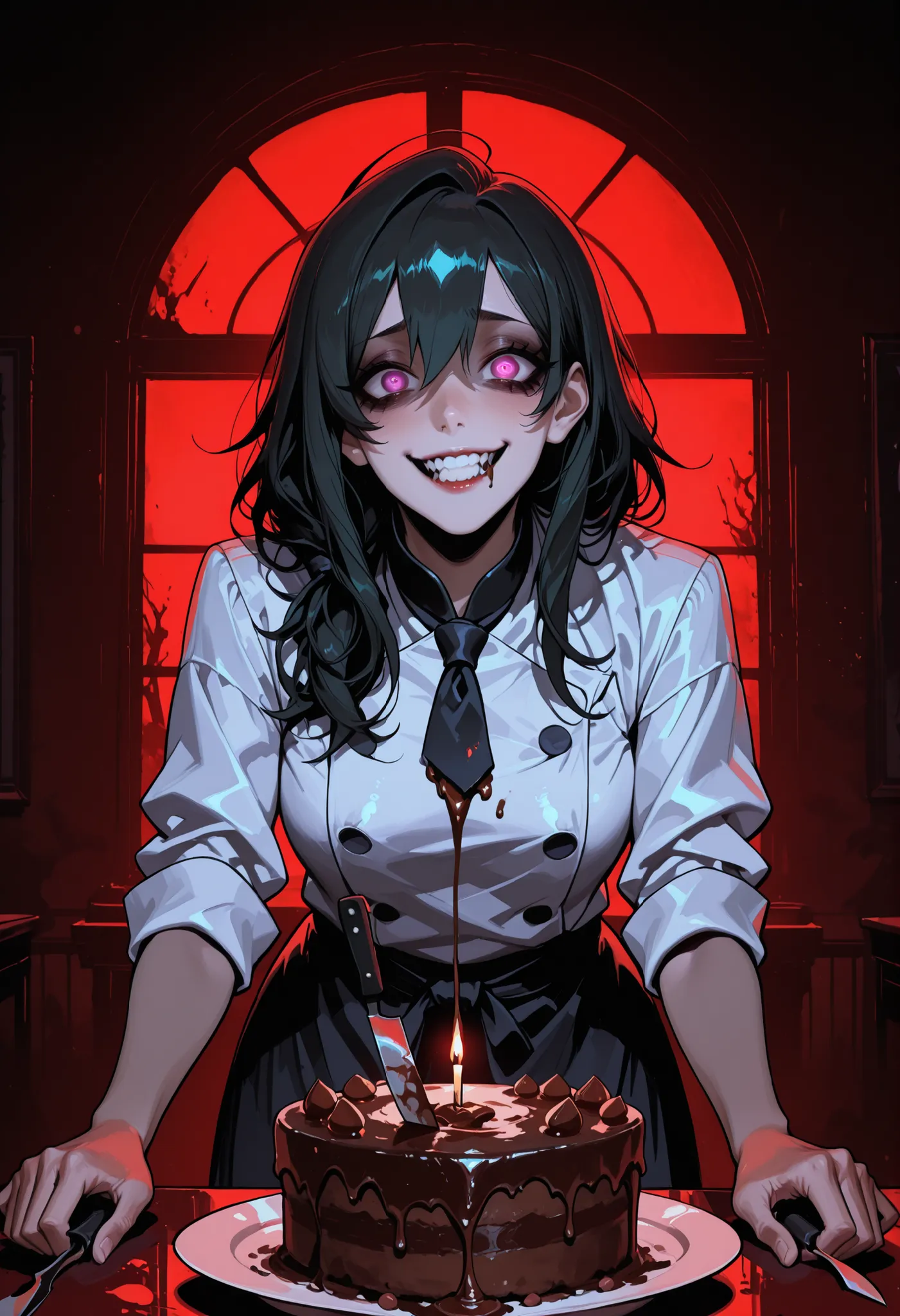 anime screencap, a very dark room, a lone dim spotlight, split lighting, solo, alone, crazy yandere cthulhu human-hybrid girl with tentacles rising up from behind her.... hands forward...while walks into the light while holding a chocolate cake up high wit...