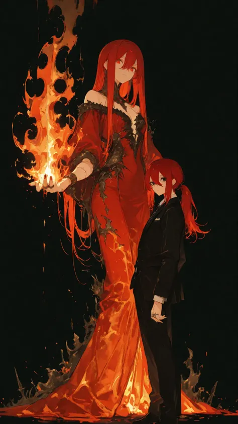 masterpiece , best quality, wide shot, kisuke_urahara, red hair, black eyes, long hair, ponytail, hair between eyes, adult, 1boy, intricate detailed dress, fingernails, formal, male focus, red eyes, dark background, solo, stitches, suit, fire on finger, wi...