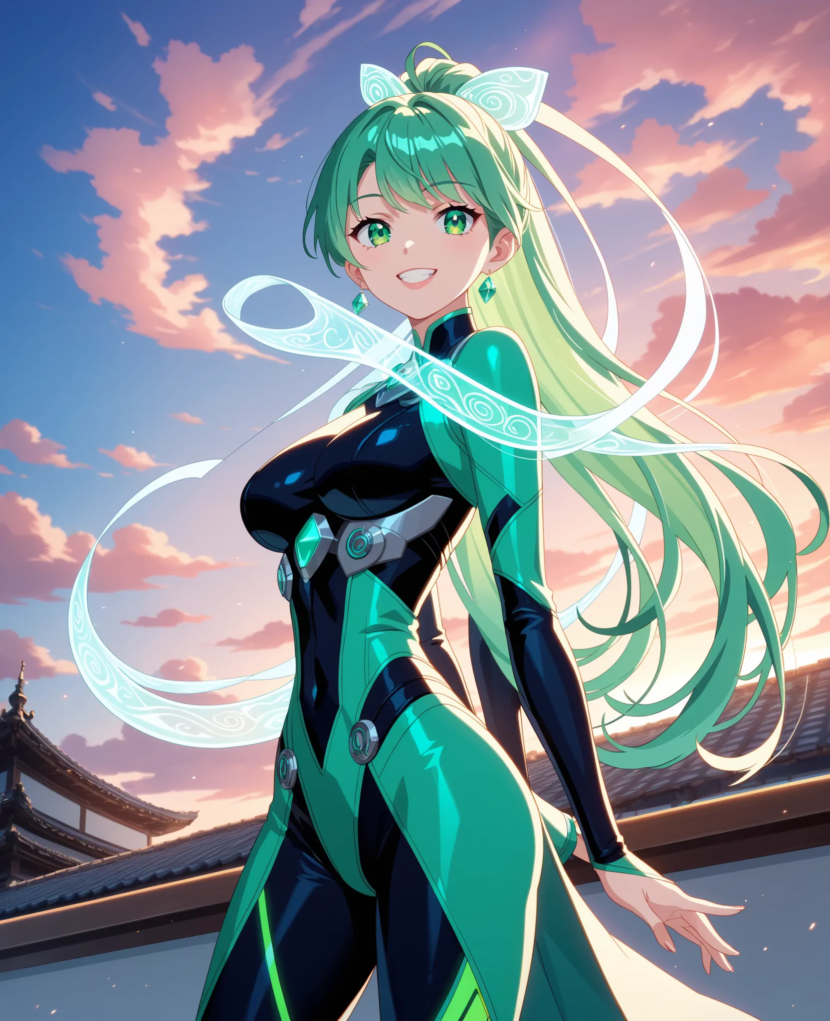 A cute anime-style superhero girl in a green bodysuit with silver accents, no helmet, with long emerald green hair in a ponytail. She has bright green eyes, a confident smile, and a futuristic digital clock emblem on her chest. Her outfit is form-fitting ...