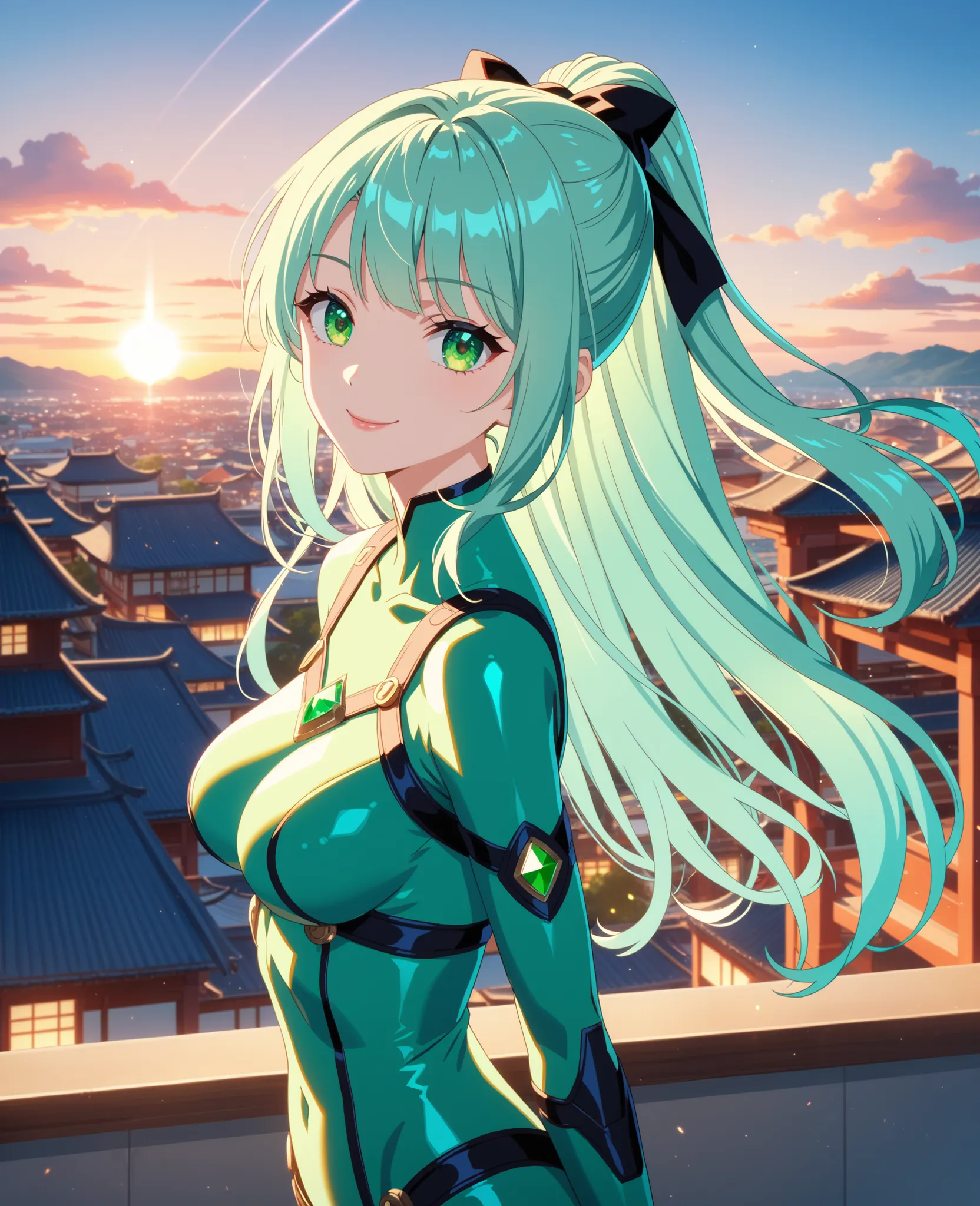 A cute anime-style superhero girl in a green bodysuit with silver accents, no helmet, with long emerald green hair in a ponytail. She has bright green eyes, a confident smile, and a futuristic digital clock emblem on her chest. Her outfit is form-fitting ...