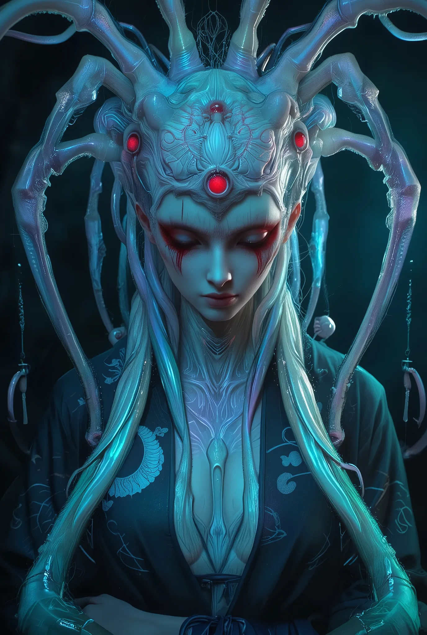 neon colored, (photos realistic:1.7), (1 beautiful and erotic female alien:1.4), (There is a female genital-like organ in the middle of her forehead:1.95), She has medusa-like hair, (there are lots of translucent tentacles from her head like her hair:1.5),...