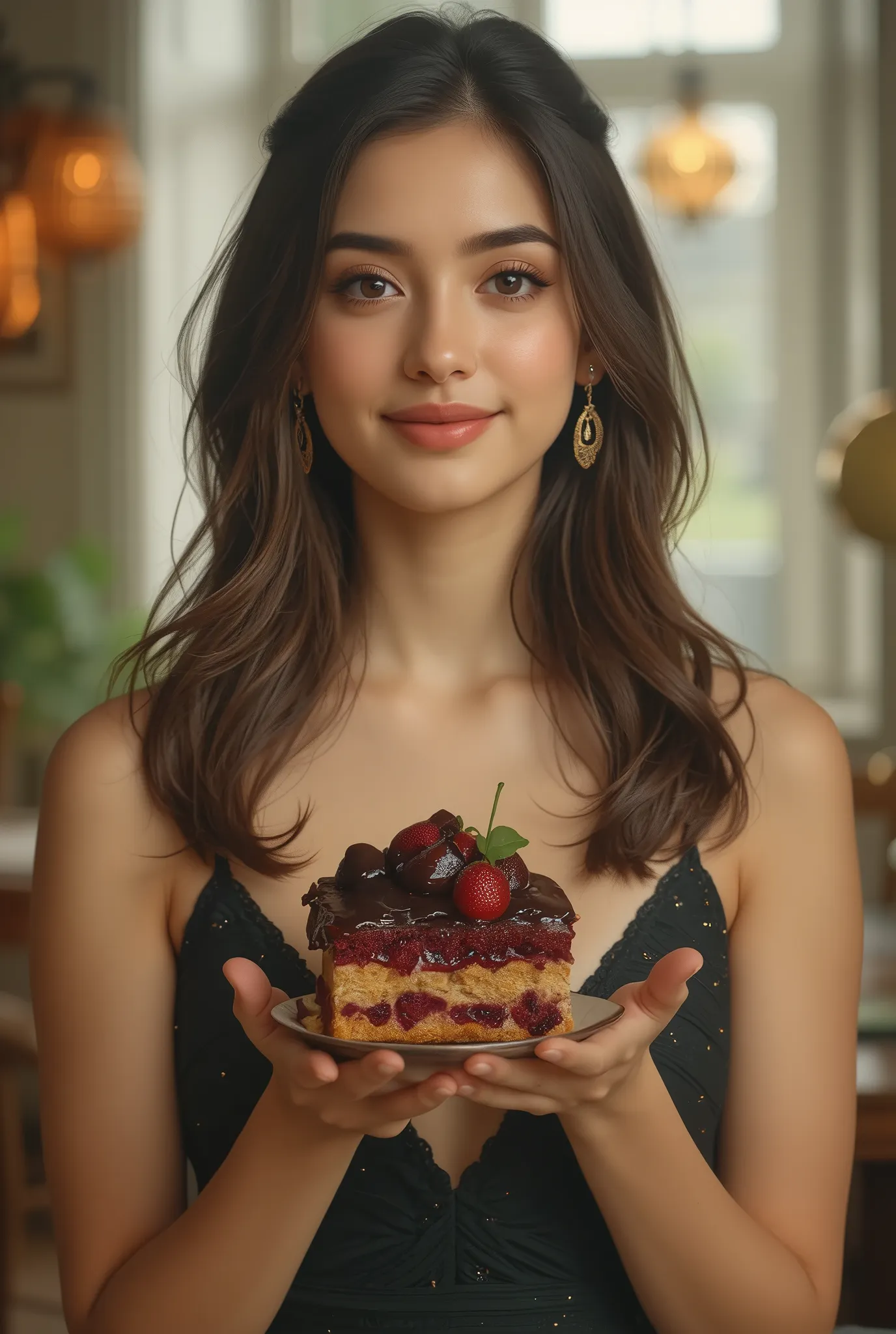 beautiful girl,holding a delicious cake in hand,smiling,graceful expression,wearing a fashionable dress,High Key Lighting,Dreamy atmosphere,precise description,8K rendering,realistic skin,Painting-like texture,Natural Light,understated colors,deep depth of...