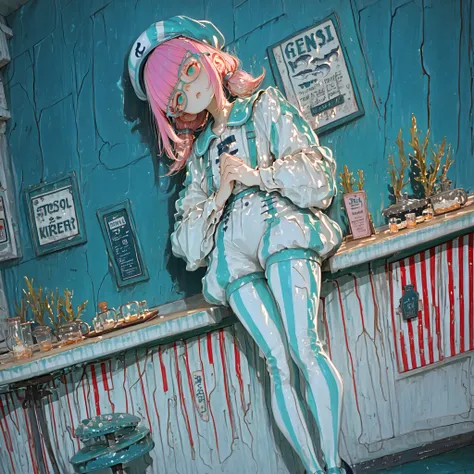 full body, ((atmospheric)) fixed perspective, eye focus, face focus, Dutch angle, straight-on, standing against wall, hands clasped over stomach, (((head tilt,))) head back, lips parted, pout, curious distracted expression, looking away, bored stiff postur...