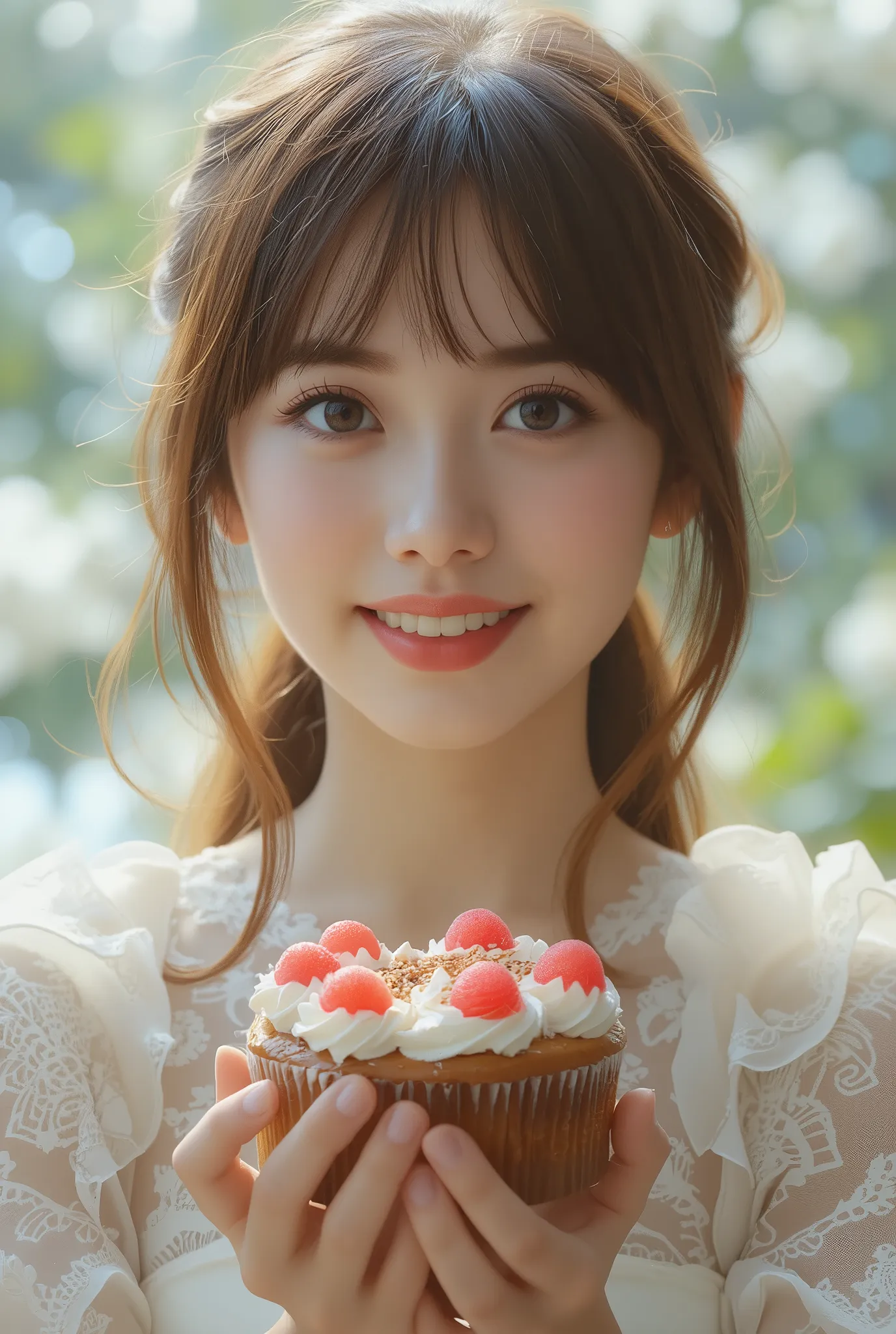 beautiful girl,holding a delicious cake in hand,smiling,graceful expression,wearing a fashionable dress,High Key Lighting,Dreamy atmosphere,precise description,8K rendering,realistic skin,Painting-like texture,Natural Light,understated colors,deep depth of...