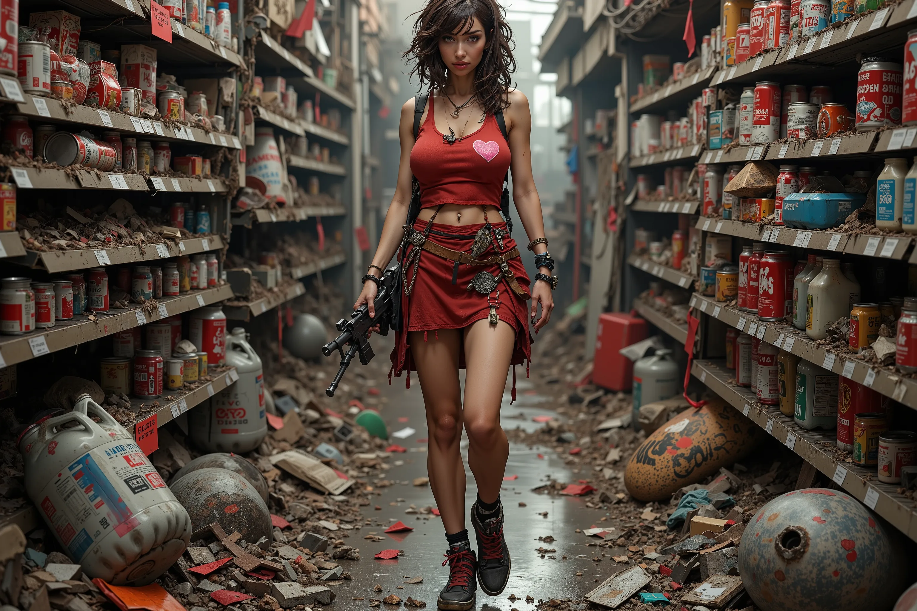lovely woman (dirty, damaged red tank top and miniskirt with pink heart emblems, mismatched sneakers, sweaty, sweaty hair, weapon on a sling on back), she is wandering through aisles of raided can goods in what is left of a grocery store, heaps of trash, l...