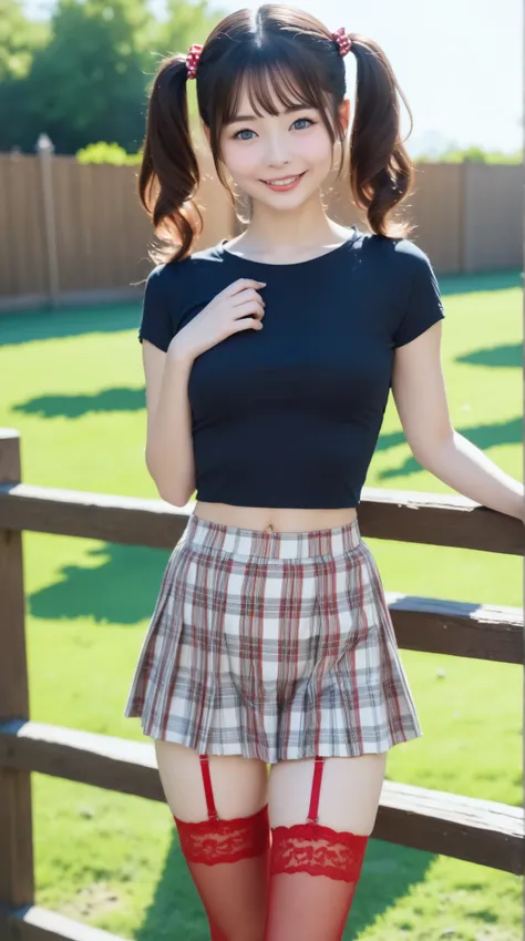 High Definition、masterpiece、realistic、Perfect Anatomy,Teenage Girls,cute女の子、超cute、Where's the hair 、Very short,、zoom、cute、grey eyes、、 twin tails clustering in one、glass、white t-shirt、( gingham check culotte skirt:1.37),Red Stockings、red garter belt beside...