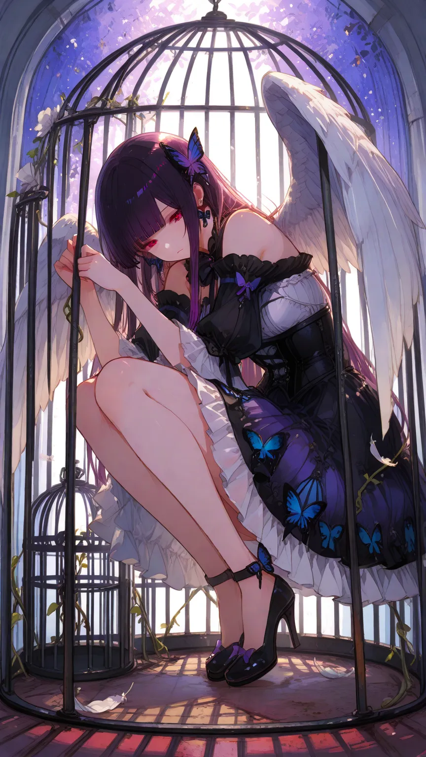 Solo one girl, (maroon eyes), (black long hair), (purple gradient highlights), (hime cut bangs), blunt ends, hime cut sidelocks, One thin braid, butterfly earrings, butterfly hair accessories, cool facial expression, 
beautiful white frill dress, bare shoulder, tall birdcage, huge white angel wings, feathers, glowing, backlight, high heel shoes, 
(inside a bird cage), (massive birdcage), a single ornate gothic bird cage, round structure, tall and fully enclosed from base to dome top, vertical iron bars evenly spaced, antique wrought iron, one continuous cage, clearly enclosing the girl, 
inside the cage:  girl is clearly inside, centered pose, touching the bars gently, 
composition: single bird cage fills the foreground, centered framing, 
The bottom is covered with a lot of ​​flowers, with vines and flowers clinging to the iron bars of the cage, 
masterpiece, best quality, anime artwork, very beautiful face, (detailed eyes), perfect eyes, high res, detailed background, super fine illustration, depth of field, intricate details, sophisticated look, beautiful attention to detail, very aesthetic, massive b1rdc4g3, 