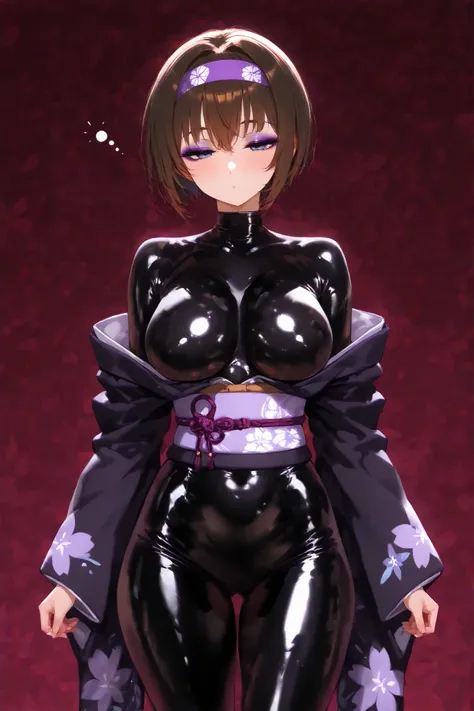 Erika. Brown hair. Short hair. Headband. Villain eyeshadow. Purple eyeshadow. Sleepy eyes. Kissing expression. Glossy. Latex bodysuit. Black Japanese kimono. Front-open kimono. Firm breasts. Slim waist.