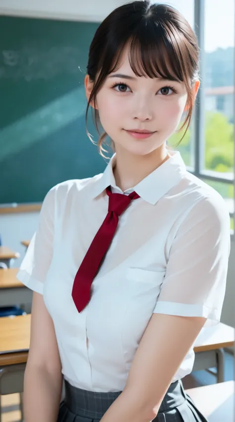 (masterpiece, top quality:1.2), 1 girl, Alone、(table top, top quality:1.2), 8k, 18 years old, 85mm, official art, raw photo, Ridiculous, white dress shirt, cute face, close, upper body, Viola Lace, gardenia, beautiful girl, (dark red tie:1.1)、(navy pleated...