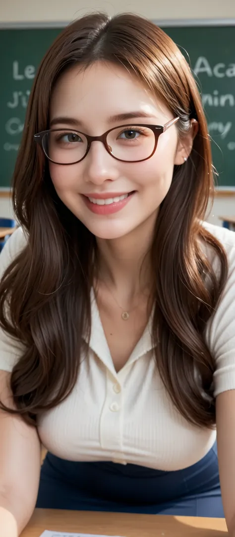 female, milf, teacher, lean forward, in classroom, smile, glasses, covered tight gigantic breasts, front of blackboard, tight white blouse, tight skirt, high tights, long socks, high heels, ((close up face)), from pov, (((detailed wide glossy brown hair)))...