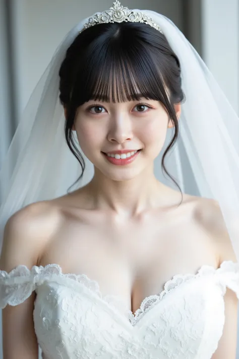 This photo captures a beautiful Japanese woman. White lace off-the-shoulder wedding dress, wedding veil,
The image is very high resolution, with clear skin texture.
The focus is very sharp and focused on her face.
This is an ultra-high resolution image.
He...