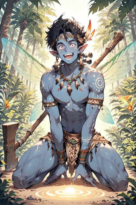 (masterpiece, best quality:1.2), highly detailed, nsfw, rated_excited, solo, 1 man, mature man, a male fairy, blue skin black hair, athletic slander body,  fairy wings, tribal clothes, armed with a wooden axe, magic circles shining around him, a tropical f...