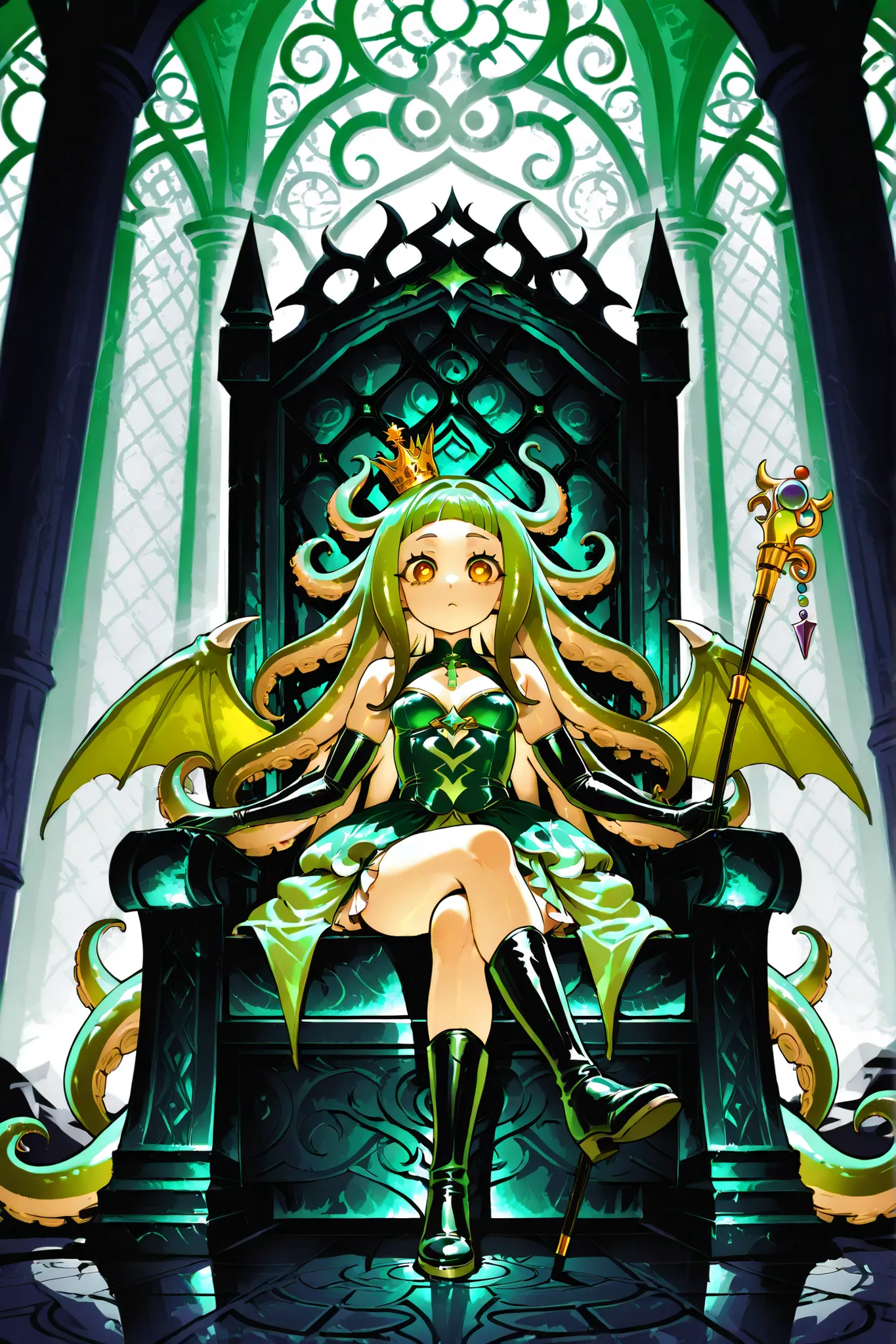 Cthulhu Princess Girl. Green hair. Long hair. Tentacle hair. Drooping bangs. Small crown. Big eyes on head. Yellow pupils. Octopus eyes. Black and green costume. Princess dress. Mini skirt. Ruffles. Long boots. Latex gloves. Jeweled walking stick. Green dr...