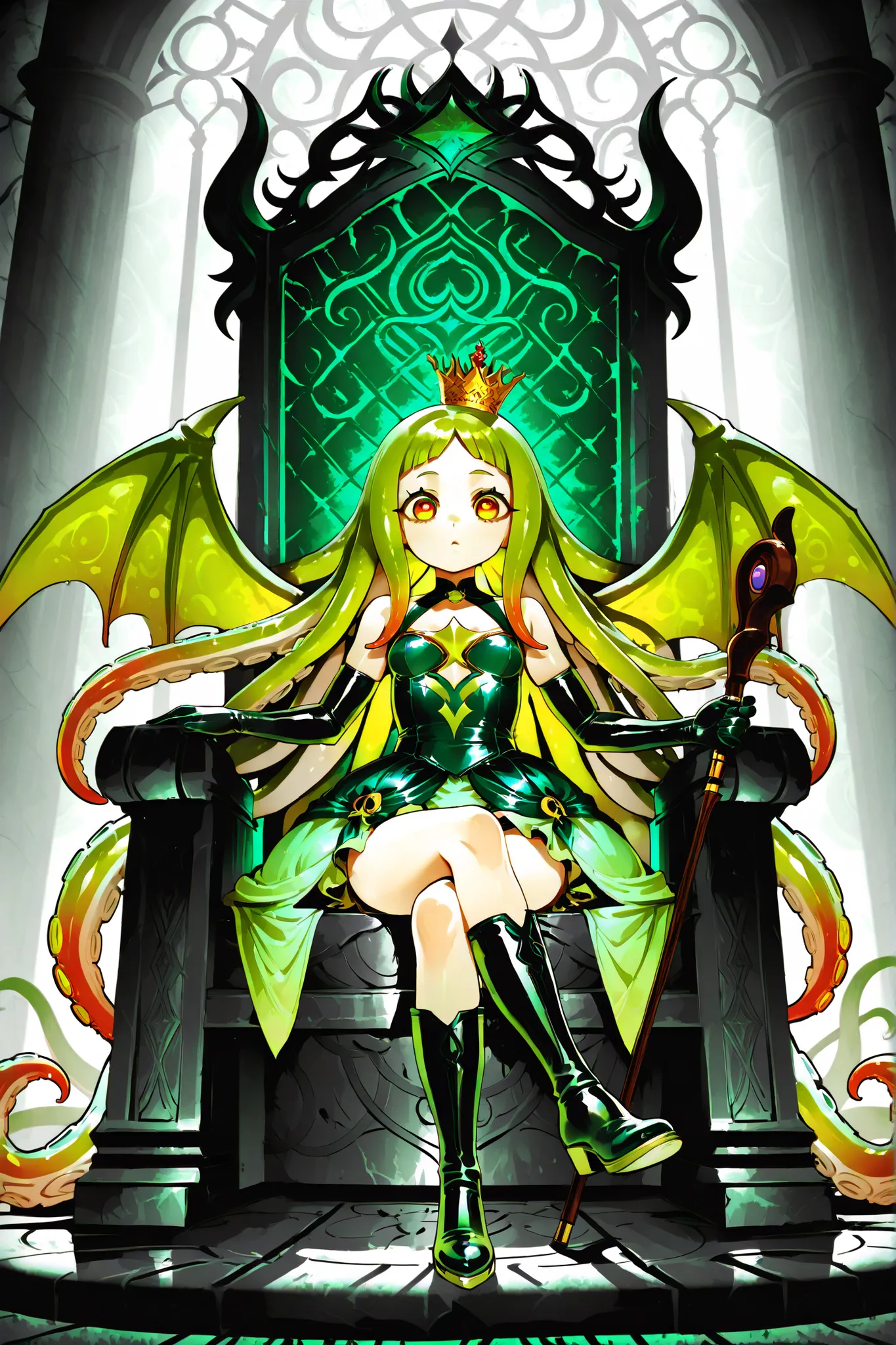 Cthulhu Princess Girl. Green hair. Long hair. Tentacle hair. Drooping bangs. Small crown. Big eyes on head. Yellow pupils. Octopus eyes. Black and green costume. Princess dress. Mini skirt. Ruffles. Long boots. Latex gloves. Jeweled walking stick. Green dr...