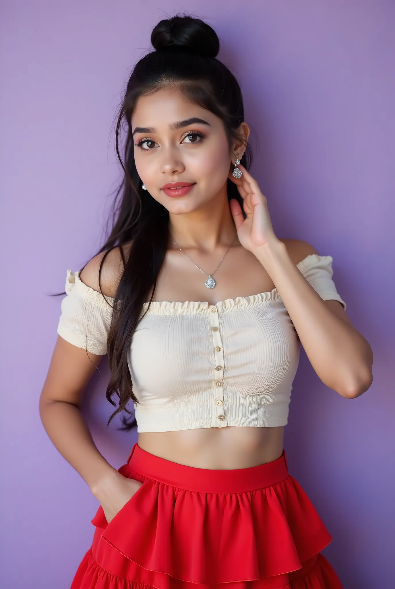 anaswarasdxl, Full image of a 18 years beautiful young girl with innocent looks, Indian skin tone, light brown eyes, fox-eyelashes, silver color eyeshadow, glossy red lips. Her hairs are long, brunette and have bun. She is wearing an ivory off-shoulder ruc...