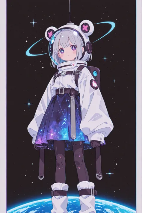 Cosmic 。 Silver Hair。Galaxy pattern eye。Mechanical。machine body。planet skirt。space helmet。effect。Dynamic Attack。action pose。cute。motion blur effect。Spin。planetarium。Saturn。socket。belt。ultramarine。zero gravity。、無邪気で可愛らしいSmiley、夢見がちなゆめかわいいスタイル、高く舞い上がるスゥイートロリ...