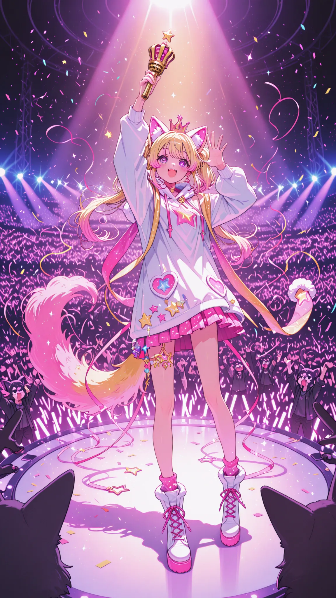 (masterpiece, energetic anime style), pop idol girl with animal-ear hoodie and oversized glittering fur stole, standing at the center of a massive concert stage shaped like a crown, stage lights forming star patterns behind her, holding a golden mic shaped like a paw, crowd of fans with signs cheering below, confetti and magic sparkles flying, her pose confident like a champion, proud tears in her eyes, bold neon-pastel palette, theme: "Fur & Glory Grand Prix", dynamic perspective, pop-star-meets-royalty
