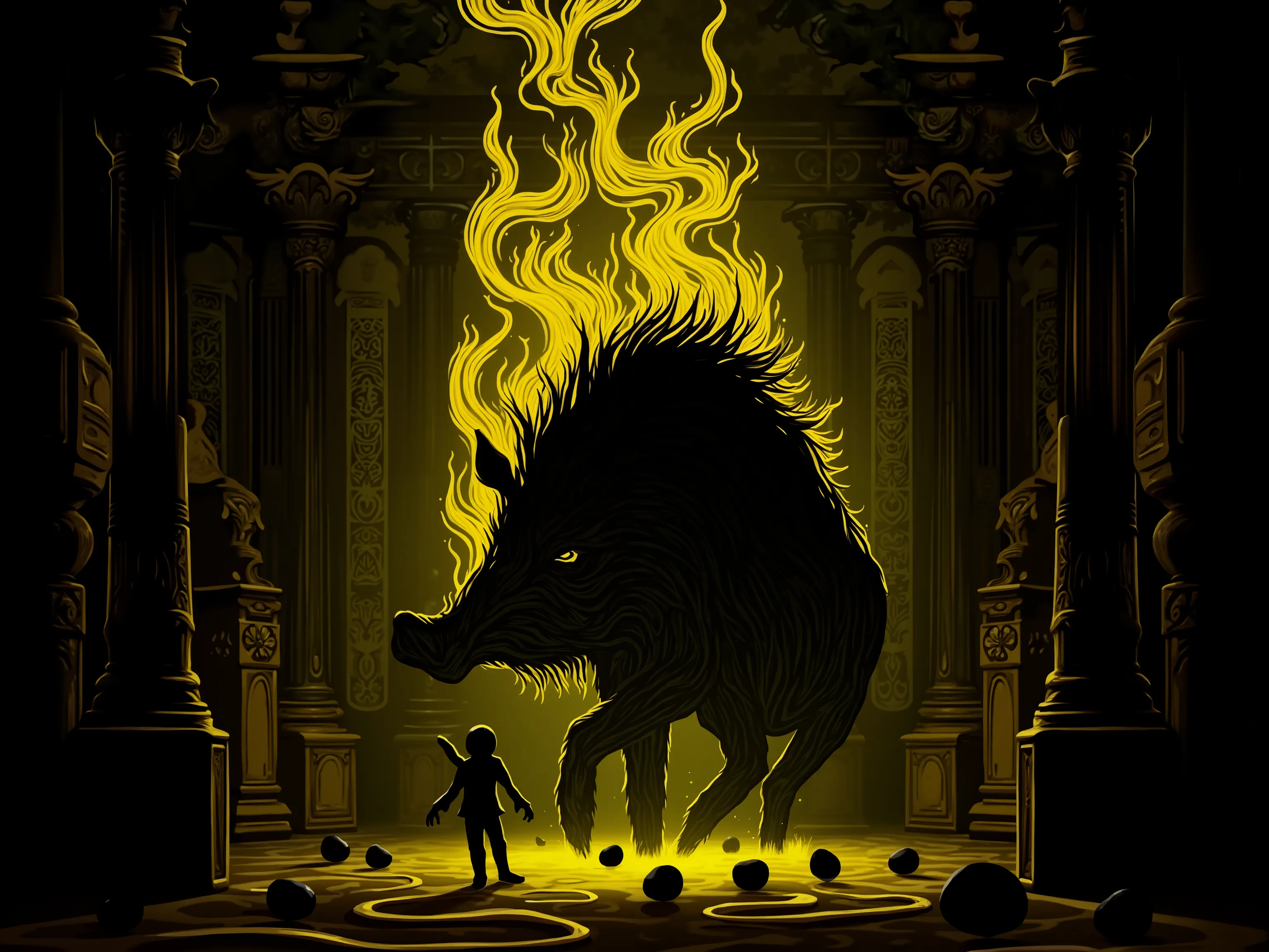 4pp4l4chi4 Folk Horror, NieR, a large boar made up of swirling yellow and black shadows, in a brightly lit baroque ballroom, eggs made of swirling yellow and black shadows
