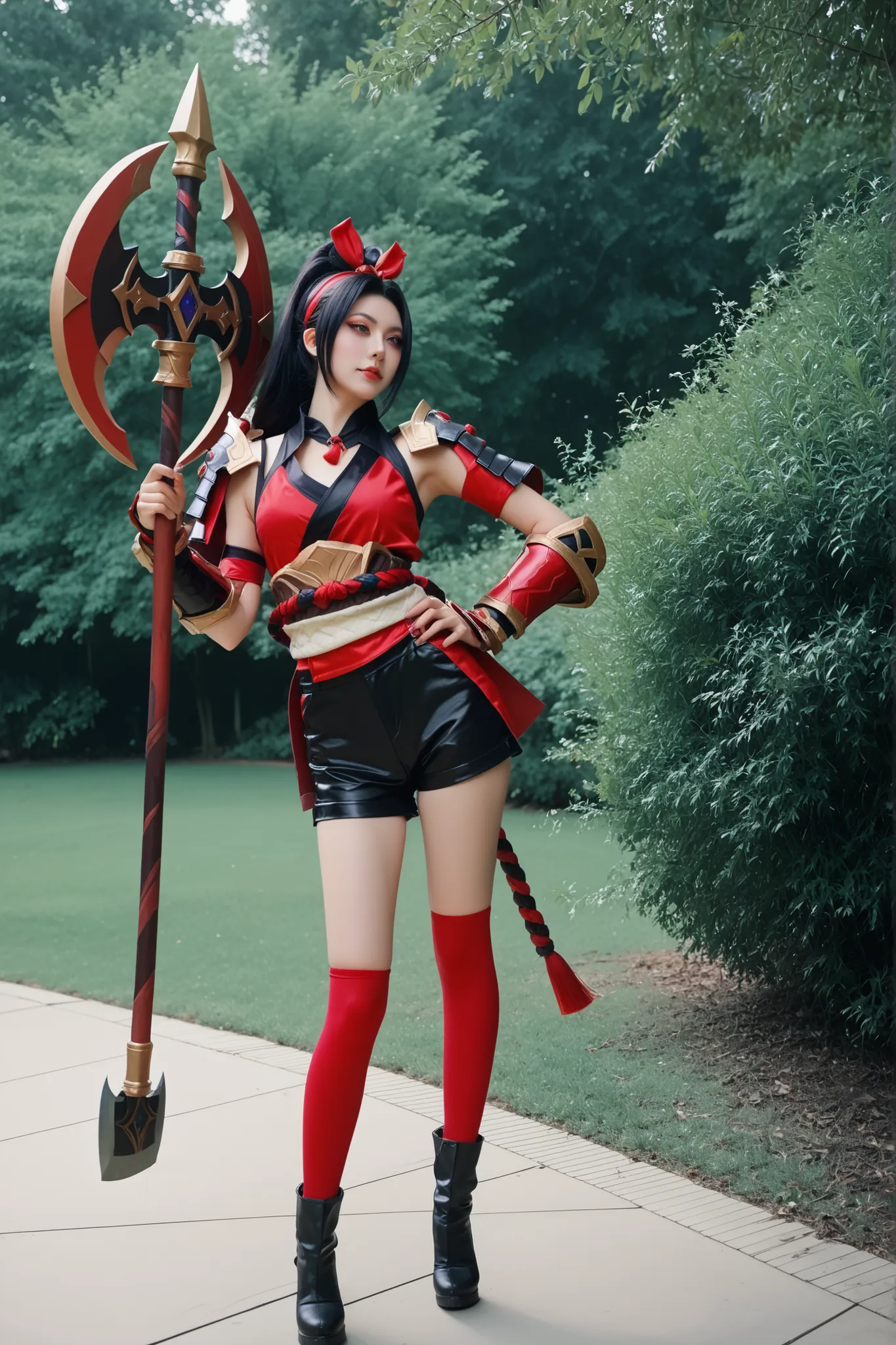 mulher cosplayer, ela é cosplayer de hanabi mobile from legends, hanabi from mobile legends, ultradetalhado, Hanabi, 1girl, solo, black ponytail hair, red headband, ninja outfit, gauntlets, black shorts, red stocking, kunai in stocking, boots, shoulder pad...