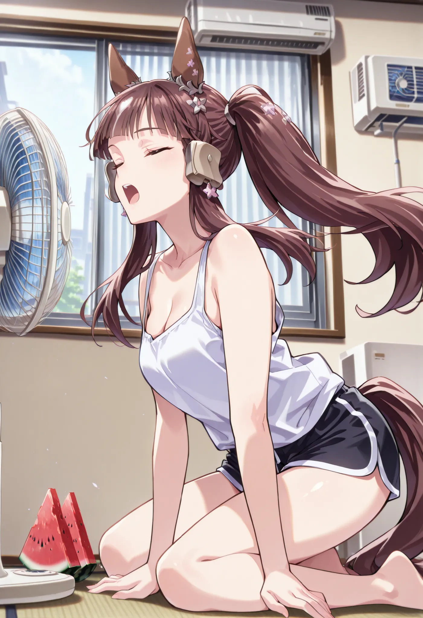 (masterpiece, best quality, perfect face:1.4), wide angle, lucky lilac \(umamusume\), side ponytail, horse ears, horse tail, tail on the lower back, proportional body, proportional,1 girl, beautiful hair, beautiful face, beautiful detailed eyes, beautiful ...