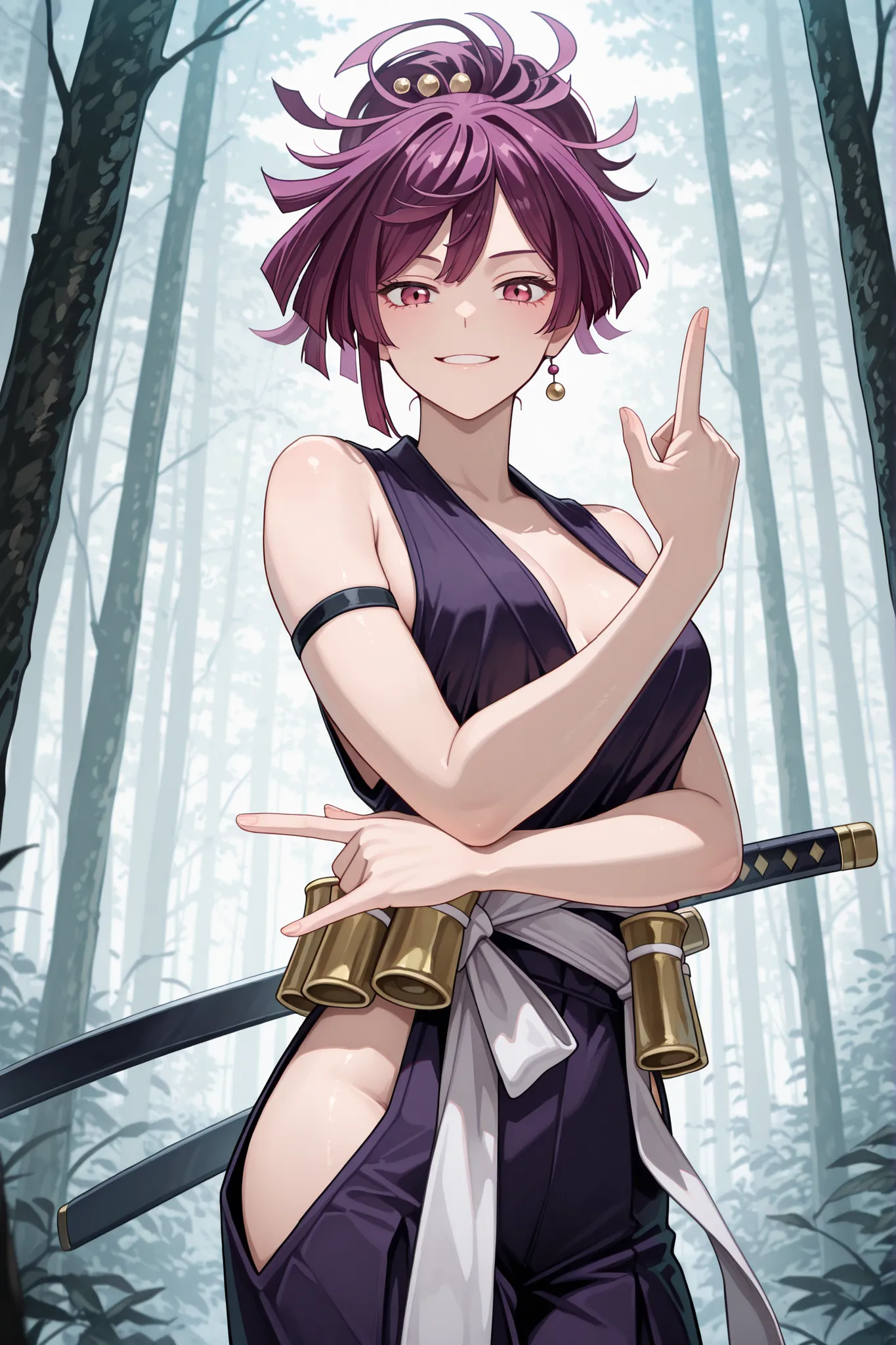 score 9, score 8+, score 7+, score 6+, score 5+, score 4+, Yuzuriha (Jigokuraku), 1 female, solo, weapon, sword, purple hair, looking at viewer, mouth open, hip vent, smiling, ponytail, armband, kimono, red eyes, cowboy shot, grinning, forest background, (...