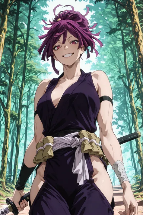 score 9, score 8+, score 7+, score 6+, score 5+, score 4+, Yuzuriha (Jigokuraku), 1 female, solo, weapon, sword, purple hair, looking at viewer, mouth open, hip vent, smiling, ponytail, armband, kimono, red eyes, cowboy shot, grinning, forest background, (...