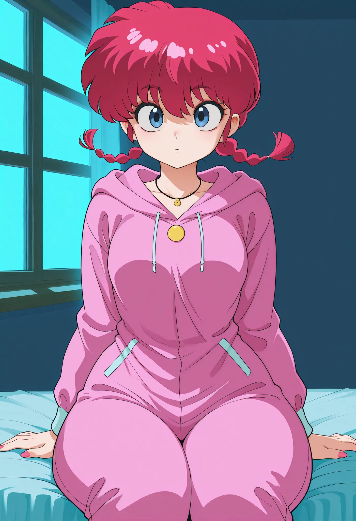 safe_pos, Ranma Saotome. red hair. pigtail. blue eyes. braid. small breasts. huge hips. necklace. black eyeliner. pink manicure. |  One-piece hooded pajamas in tiger bed style. bedroom. dimmed lights. window. look out the window. Sitting on the bed