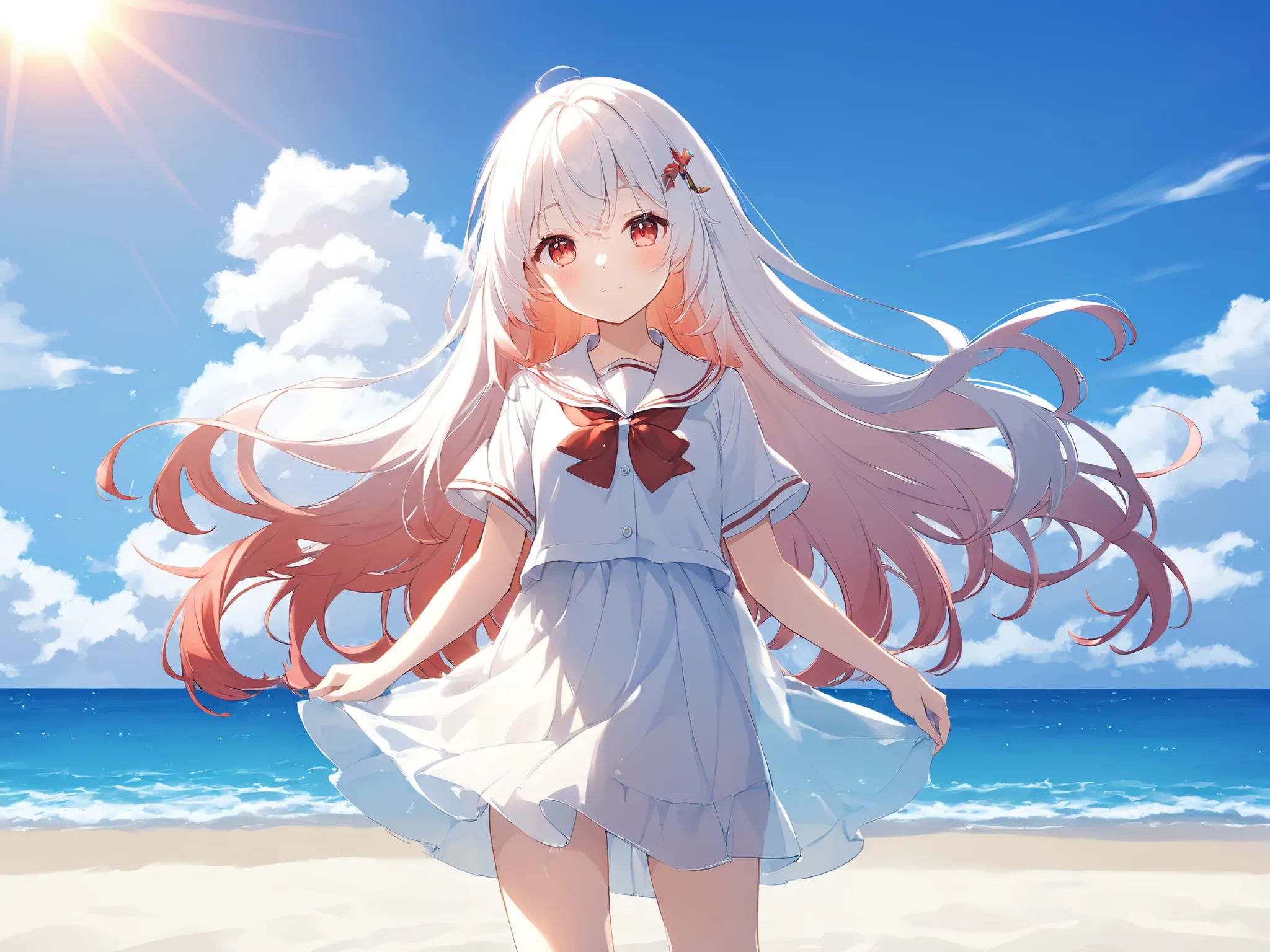 Middle School Student,very long hair,white hair,light red gradient hair,cowboy shot,Outdoors, clear, Sunny,Sunshine,summer,Beach