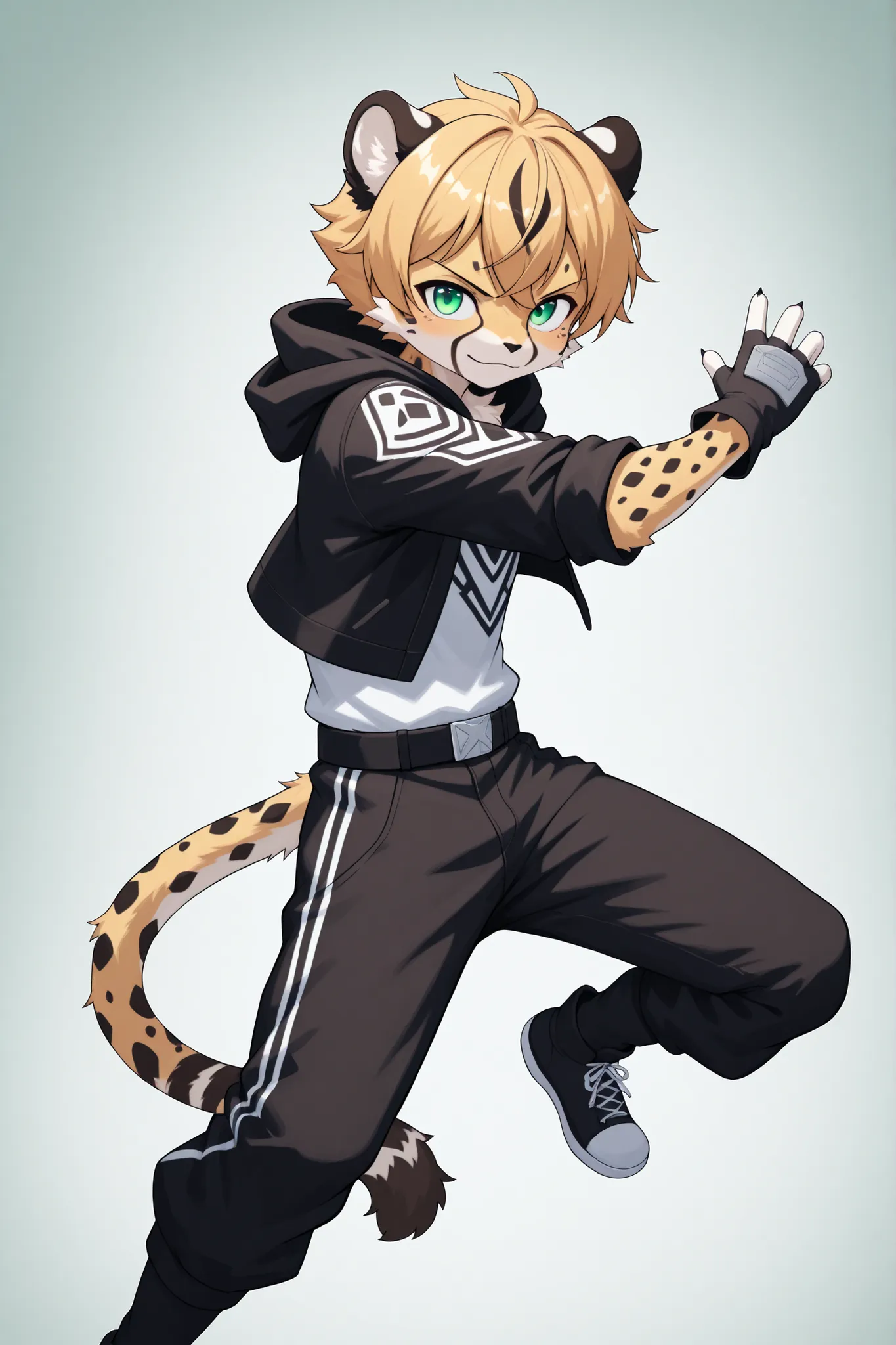 Kemono,thief outfit, cheetah furry, young male, medium build, emerald eyes, stylish hair, kemono style, cool vibe, reckless personality, dynamic pose, shiny fur, glossy fur, detailed fur texture
d