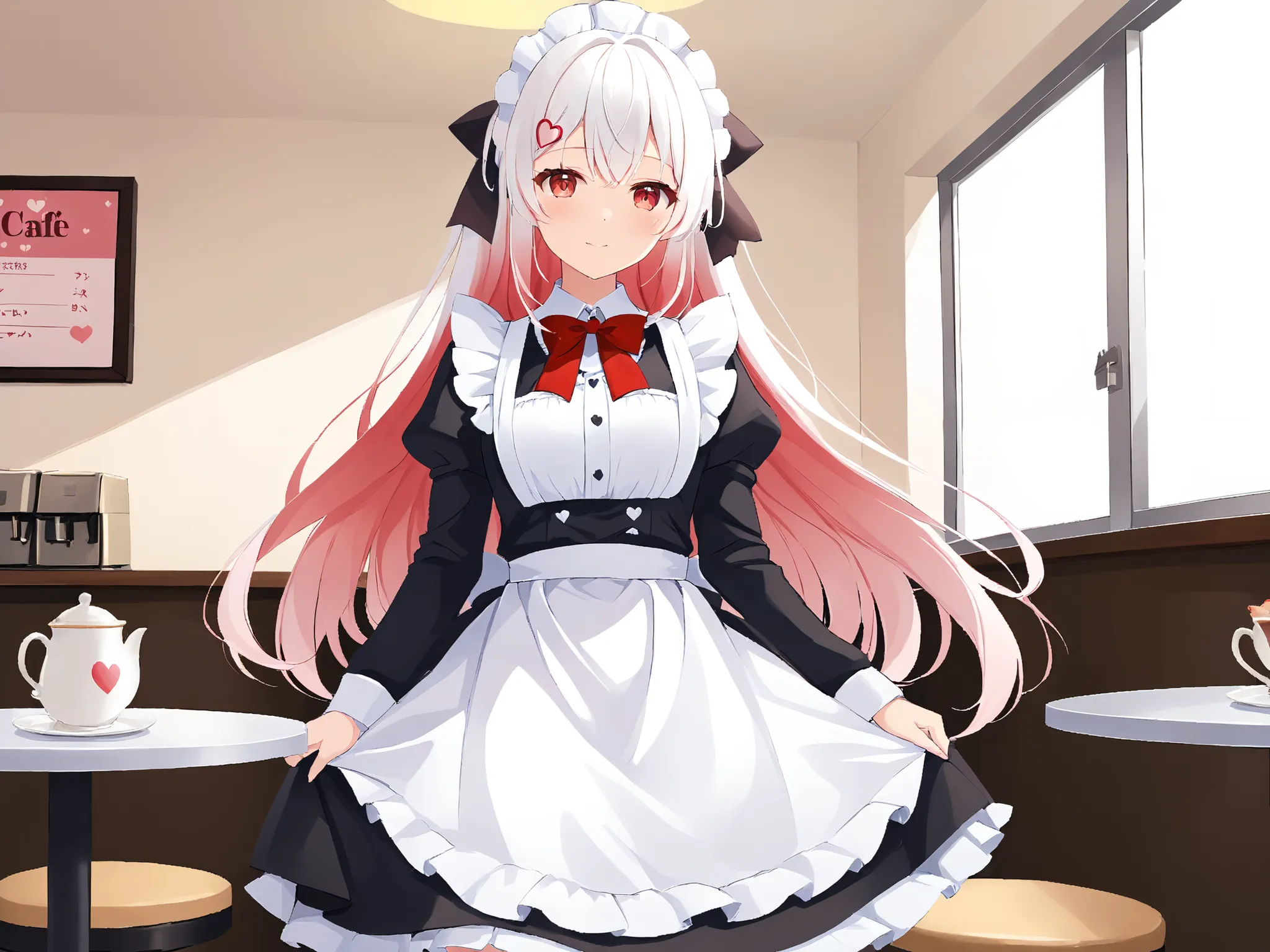 Middle School Student,very long hair,white hair,light red gradient hair,cowboy shot,Indoor,Maid Café,Maid Outfit,Heart shape with hands