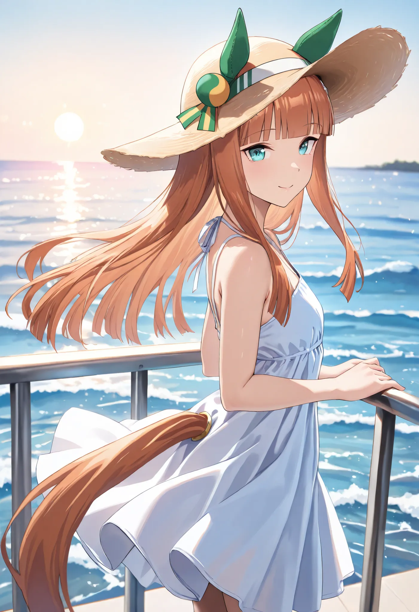 (masterpiece, best quality, perfect face:1.4), wide angle, silence suzuka \(umamusume\), horse ears, ear cover, white headband, small breasts, horse tail, tail on the lower back, proportional body, proportional,1 girl, beautiful hair, beautiful face, beaut...