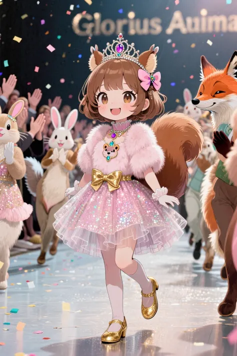 top quality、Anime Style、masterpiece、Deformed little character style、Audience claps、「Glorious Animal Parade」 is held 、A girl in a fur dress is smiling at the head、Squirrel with a bow or tiara on the back Rabbits, foxes, etc. seem to be marching happily、Pastel pink fur dress、jewel style tiara and animal shaped brooch、The girl is proud yet cute、glitter tulle skirt、gold bow shoes、glamorous scene with confetti、The girl is proud yet cute、cute