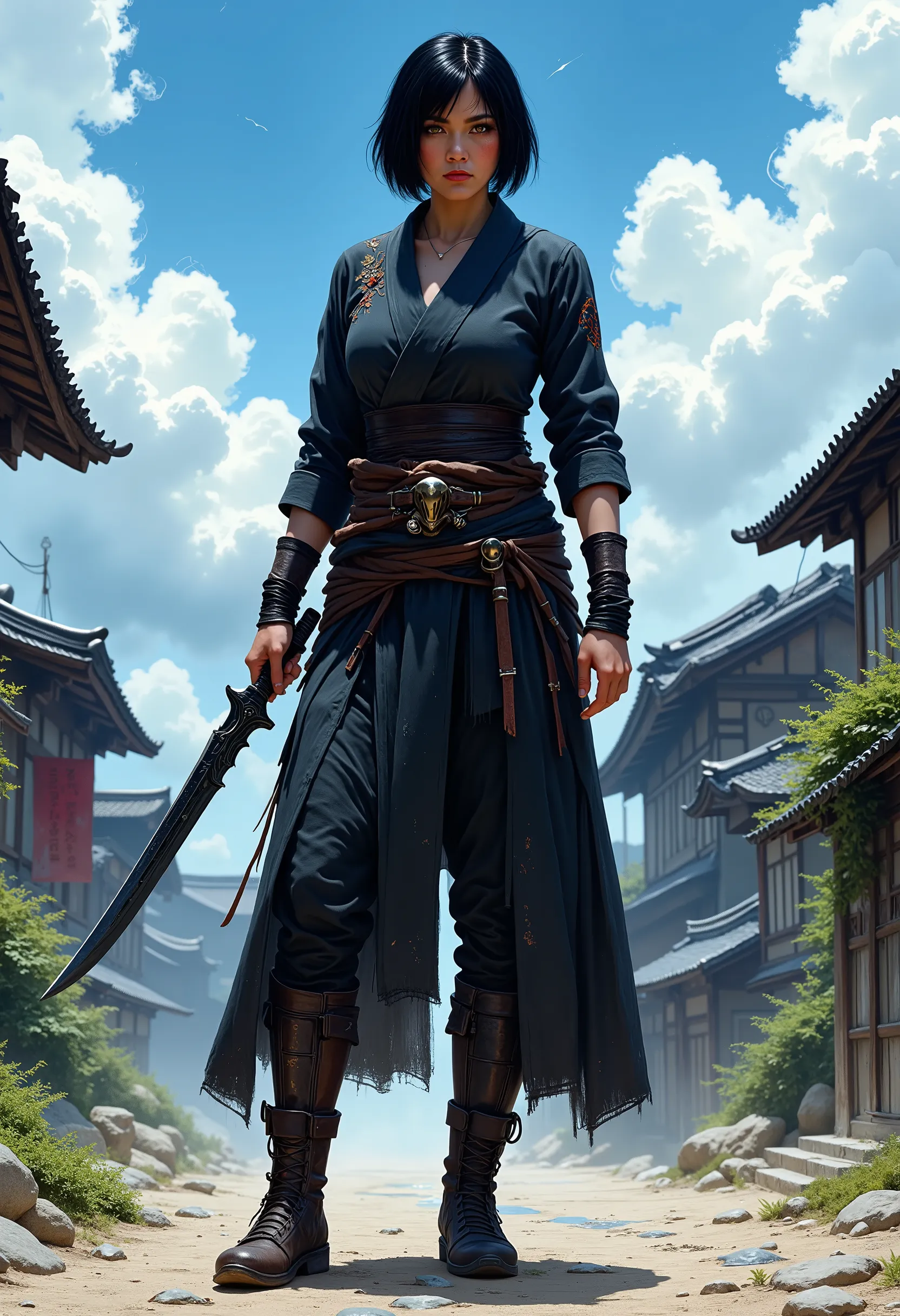  In RPG style, in style of Dungeons & Dragons, in style of fantasy painting. Full body view, looking at the viewer. Image of a female assassin, holding a dagger with dark narrow blade. Tight dark ninja outfit. Traditional japanese footwear. Short Black hai...