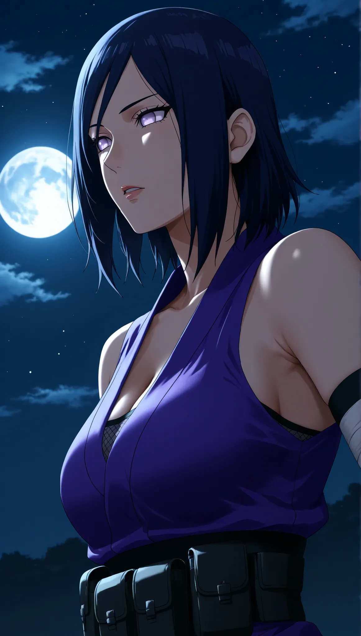 masterpiece, high score, great score, absurdres, close-up portrait, upper body, beautiful woman, navy hair, medium hair, hair slicked back, sidelocks, beautiful purple eyes, (((IZUMI NASE)))) walking confidently through a war field. The art style should cl...