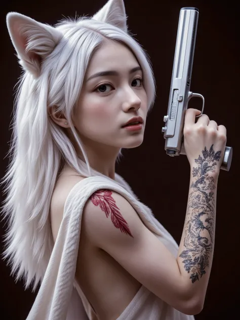 Tribal Girl Wearing White Wolf Fur, gun, white skin,  red tattoo, top quality, 4K, high resolution, Masterpiece, super definition, Realistic, HDR,  Studio lighting , Productive Depictions, Delicate Details, Professional, bright colors, Bokeh, Fantastic Sce...